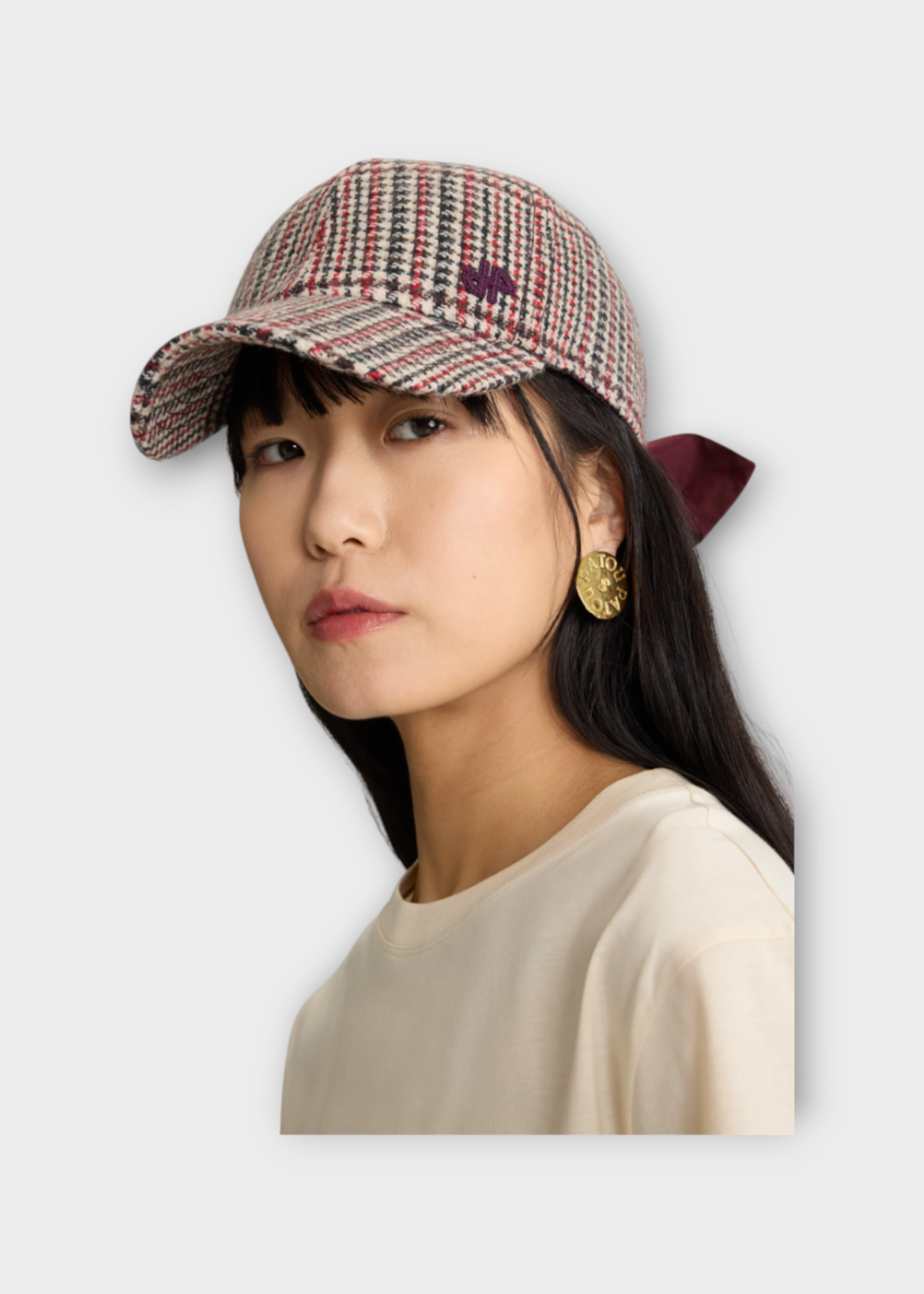 Patou Patou Hat, Print, Wool Couture Cap In Prince Of Wales w/ Fastening Bow