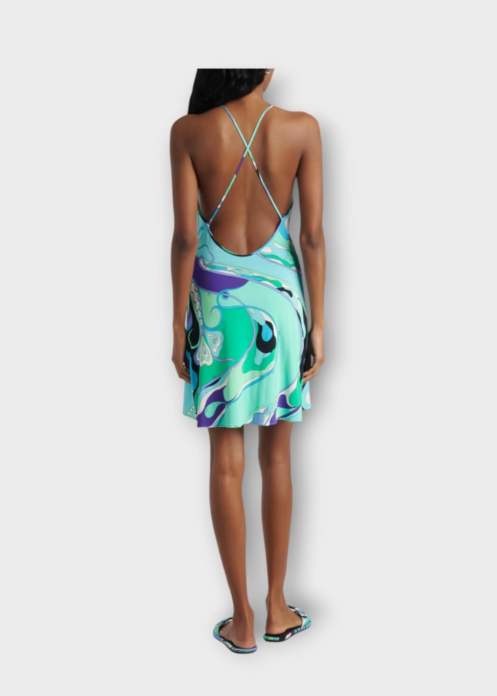 Emilio Pucci Emilio Pucci Dress, Print, Silk Thin Straps Mini Dress In Green & Lilac w/ Orchid Print