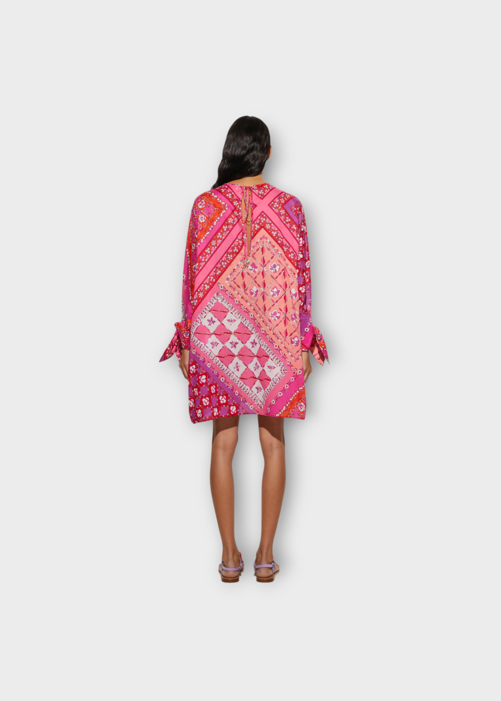 Emilio Pucci Emilio Pucci Dress, Print, Cotton Muslin Crew Neck Long Sleeve Short Kaftan In Coral & Fuchsia w/ Festa Print & Ties