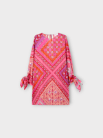 Emilio Pucci Emilio Pucci Dress, Print, Cotton Muslin Crew Neck Long Sleeve Short Kaftan In Coral & Fuchsia w/ Festa Print & Ties
