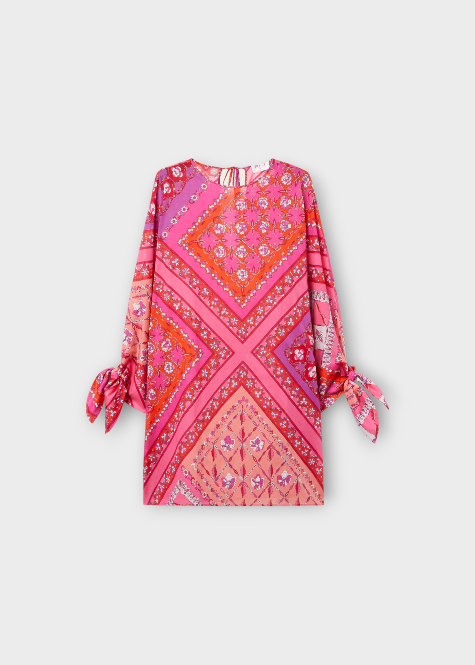 Emilio Pucci Emilio Pucci Dress, Print, Cotton Muslin Crew Neck Long Sleeve Short Kaftan In Coral & Fuchsia w/ Festa Print & Ties