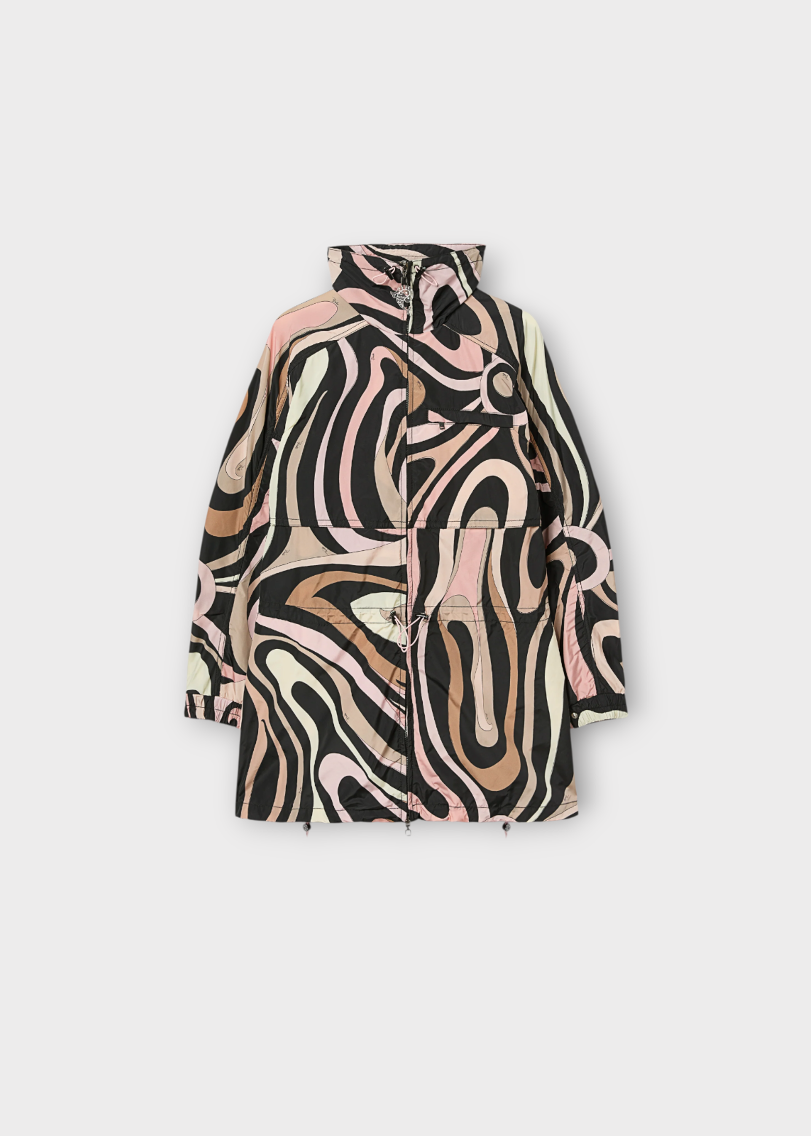 Emilio Pucci Emilio Pucci Jacket, Print, High Collar Fitted Waist Outwear Jacket In Black & Nude w/ Marmo Print #19