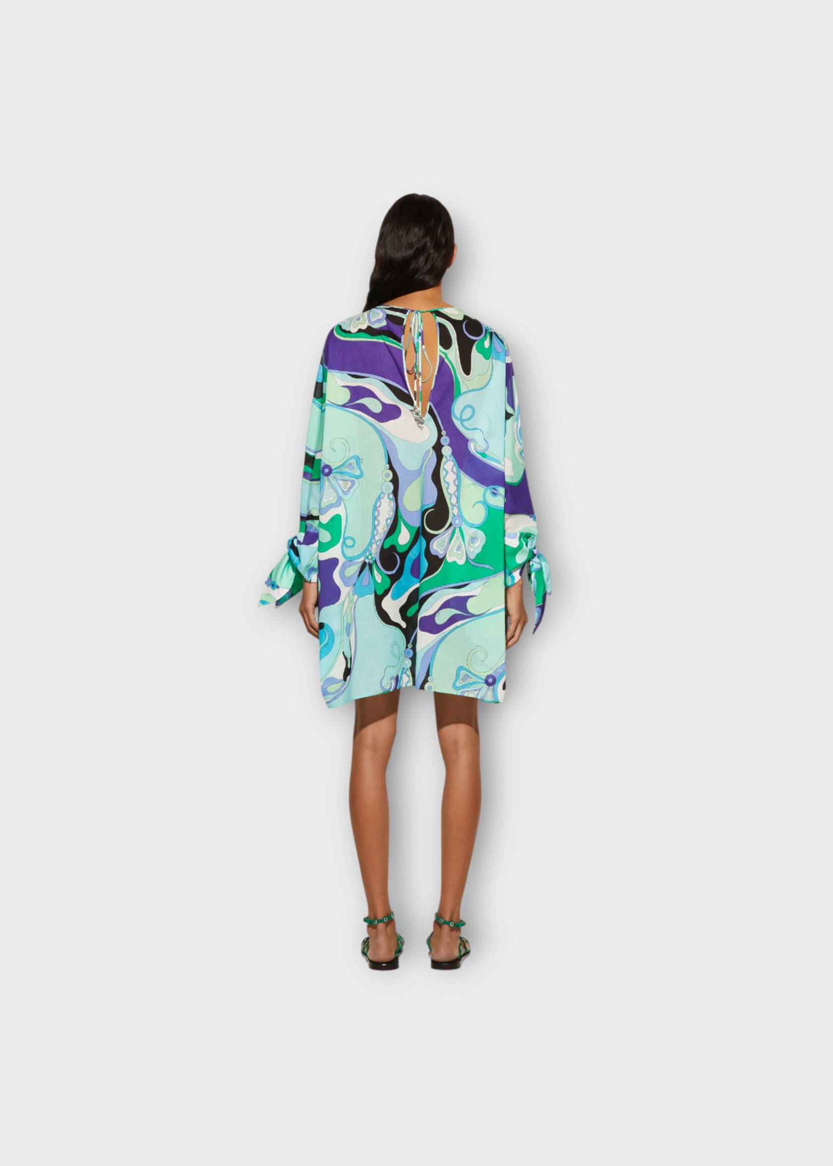 Emilio Pucci Emilio Pucci Dress, Print, Cotton Muslin Crew Neck Long Sleeve Short Kaftan In Green & Lilac w/ Orchid Print & Ties