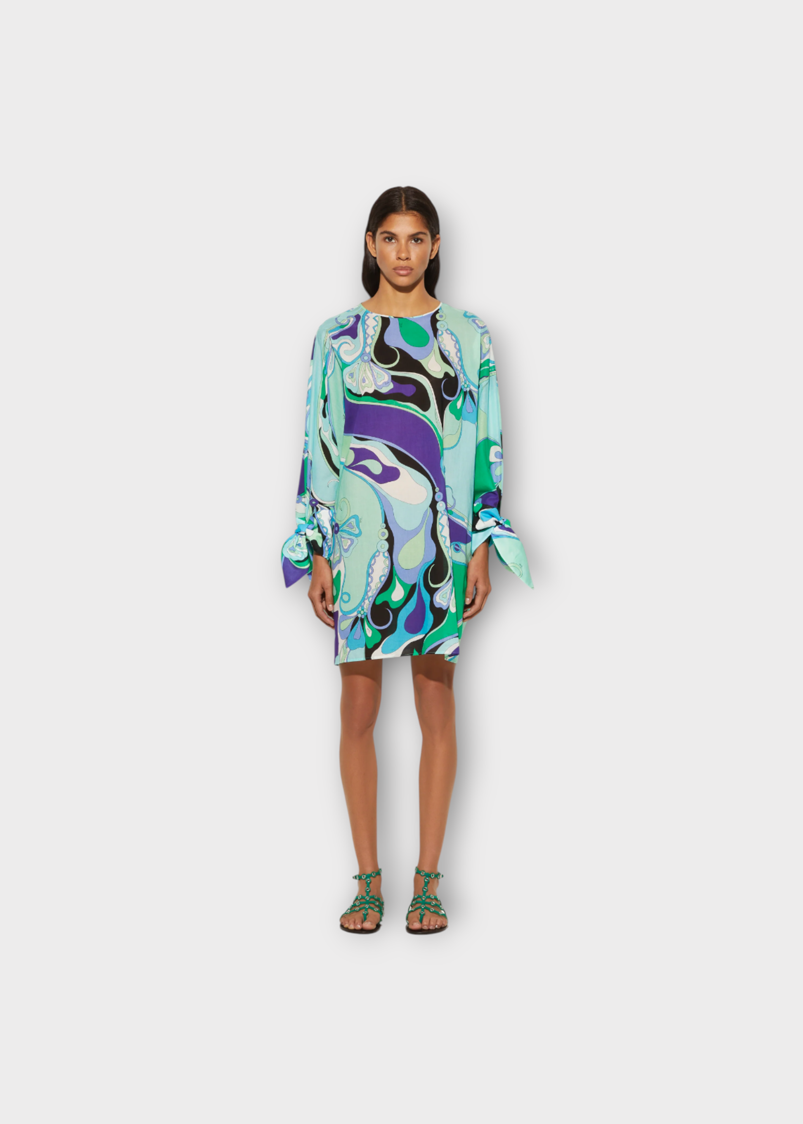 Emilio Pucci Emilio Pucci Dress, Print, Cotton Muslin Crew Neck Long Sleeve Short Kaftan In Green & Lilac w/ Orchid Print & Ties