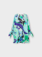 Emilio Pucci Emilio Pucci Dress, Print, Cotton Muslin Crew Neck Long Sleeve Short Kaftan In Green & Lilac w/ Orchid Print & Ties