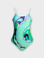 Emilio Pucci Emilio Pucci Swimwear, Print, Thin Straps One Piece Swimsuit in Green & Lilac w/ Orchid Print