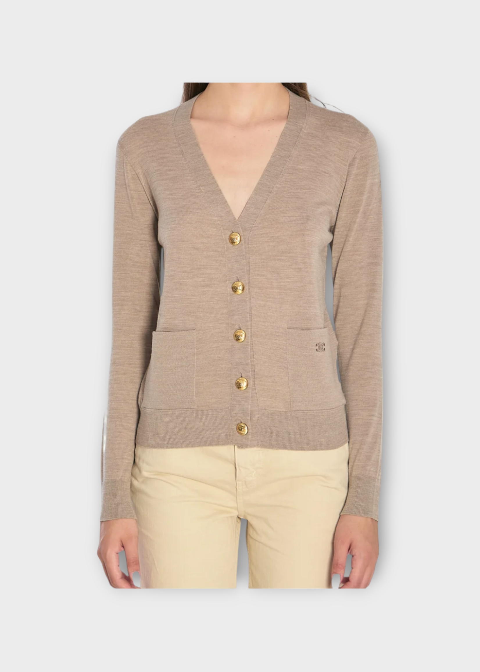 Celine Celine Knitwear, Beige, Triomphe Wool V-Neck Button Up Cardigan In Light Taupe