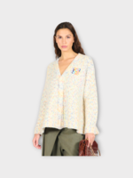 Loewe Loewe Knitwear, Multi, Alpaca & Wool Mix Oversize V-Neck Trapeze Cardigan In White & Multicolour w/ Anagram Embroidery