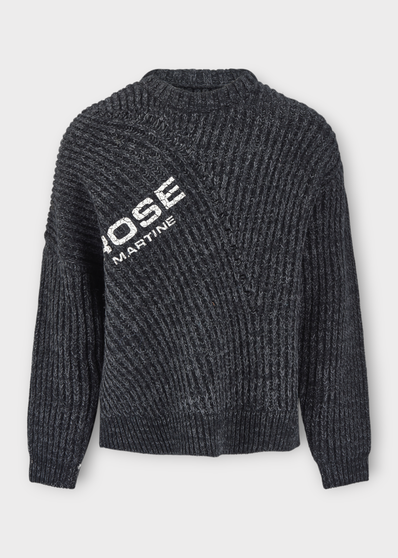 Martine Rose Martine Rose Knitwear, Grey, Wool Crew Neck Engineered Fisherman Ribbed Jumper In Grey Charcoal w/ Logo Print