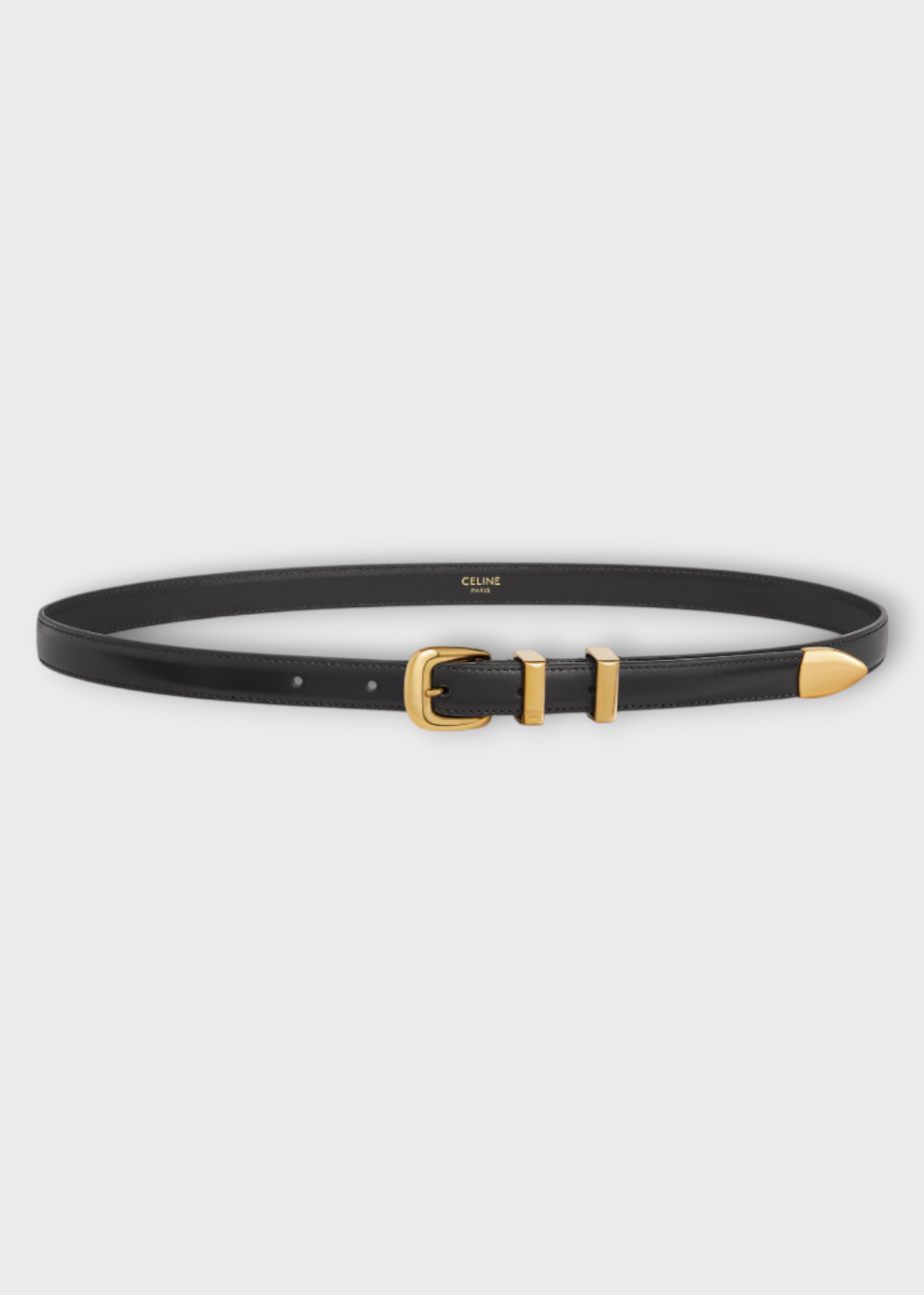 Celine Celine Belt, Black, Bull Leather Small 18MM Thin Belt w/ Gold Buckle