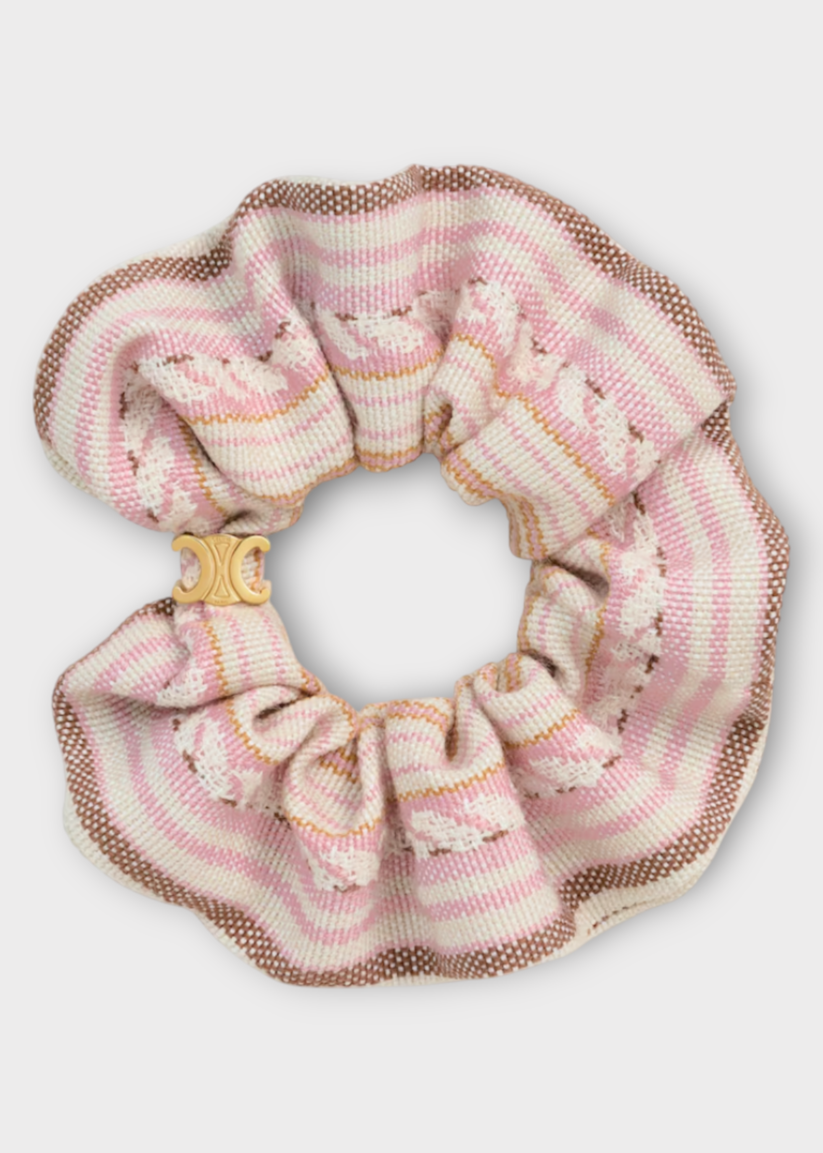 Celine Celine Hair Accessory, Multi, Cotton & Wool Striped Triomphe Scrunchy In Pink, Beige & Gold
