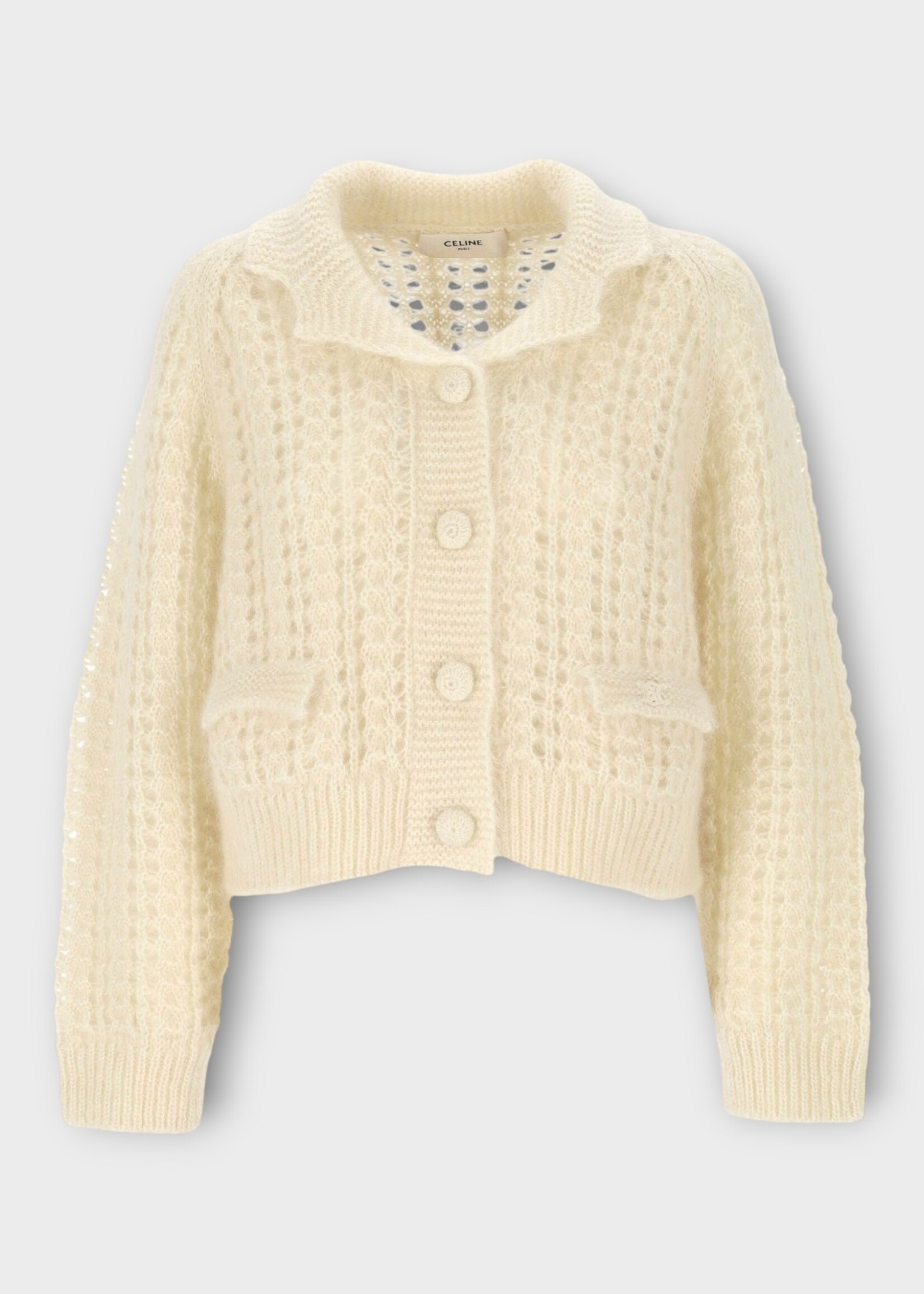 Celine Celine Knitwear, White, Mohair Collared Button Up Crochet Cardigan In Off White