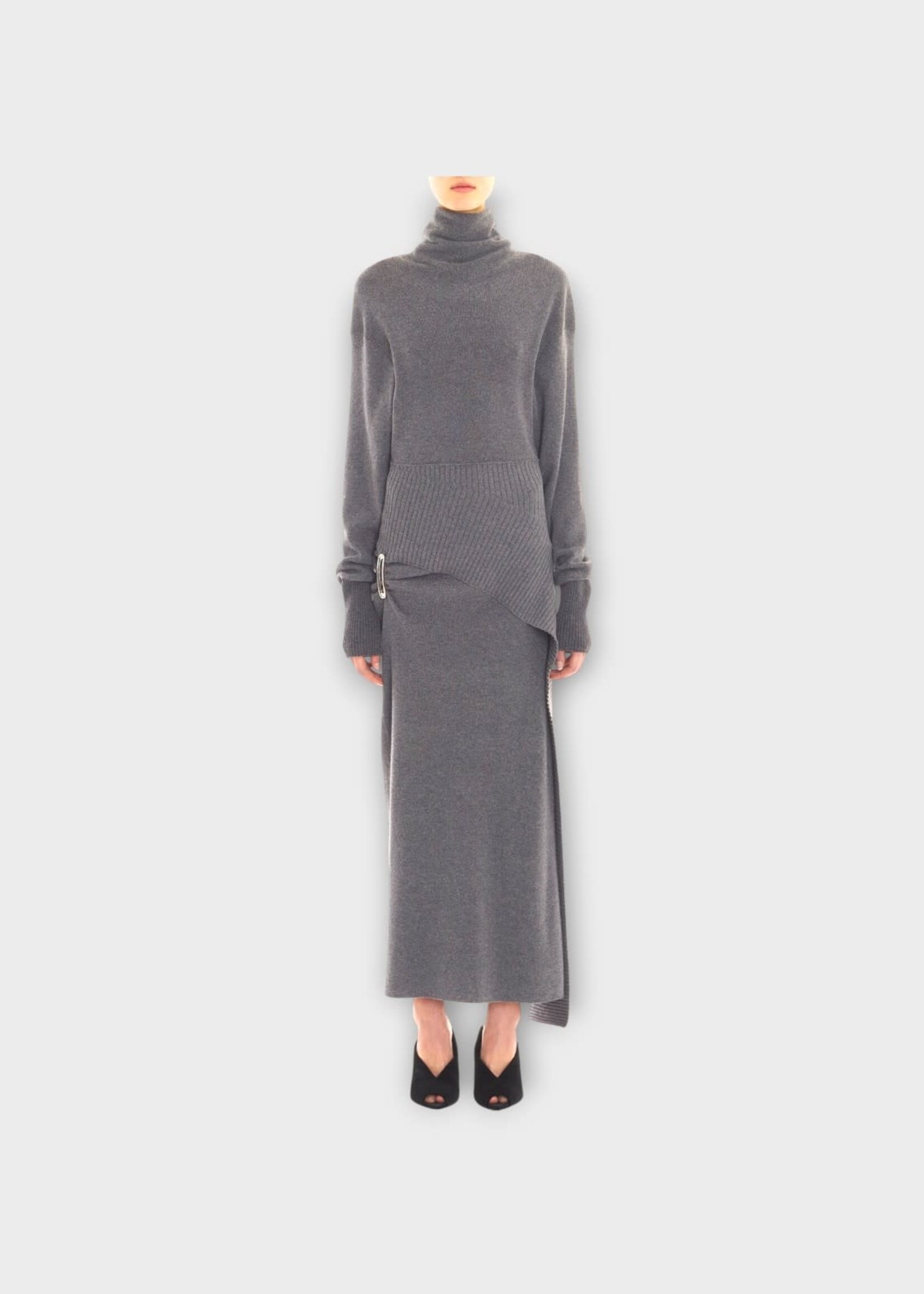 Lanvin Lanvin Dress, Grey, Wool & Cashmere Turtle Neck Draped Midi Dress In Dove