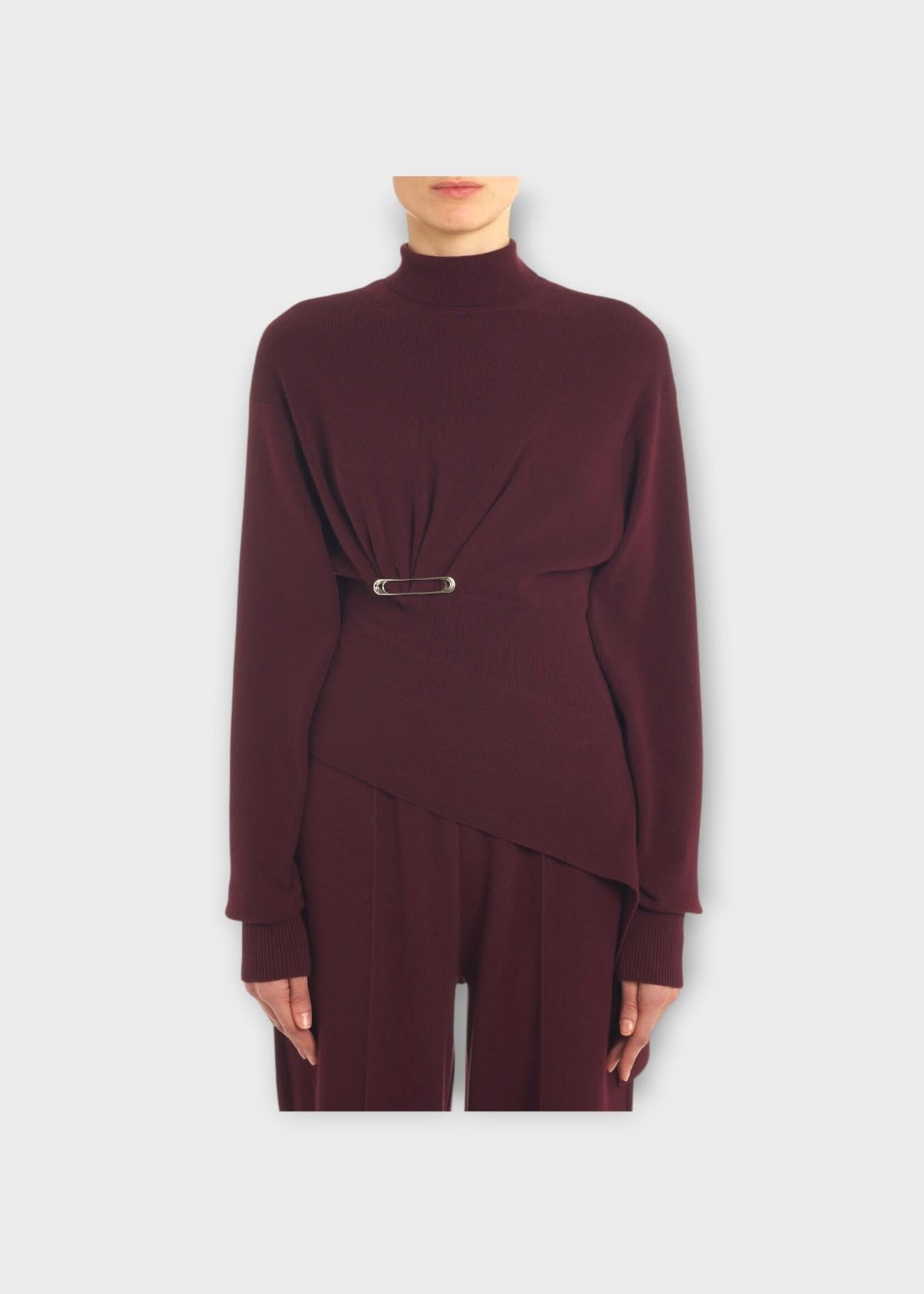 Lanvin Lanvin Knitwear, Red, Cashmere & Wool Turtle Neck Draped Jumper In Bacchus w/ Golden Brooch