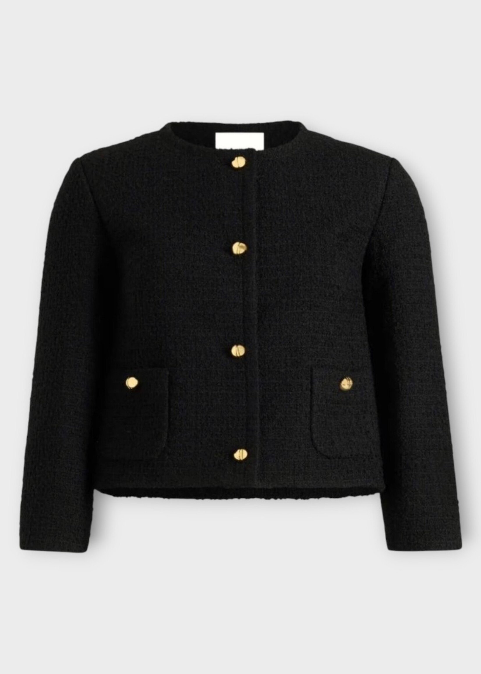 Patou Patou Jacket, Black, Wool Mix Boxy Fit Crew Neck Buttoned Jacket In Black w/ Patch Pockets