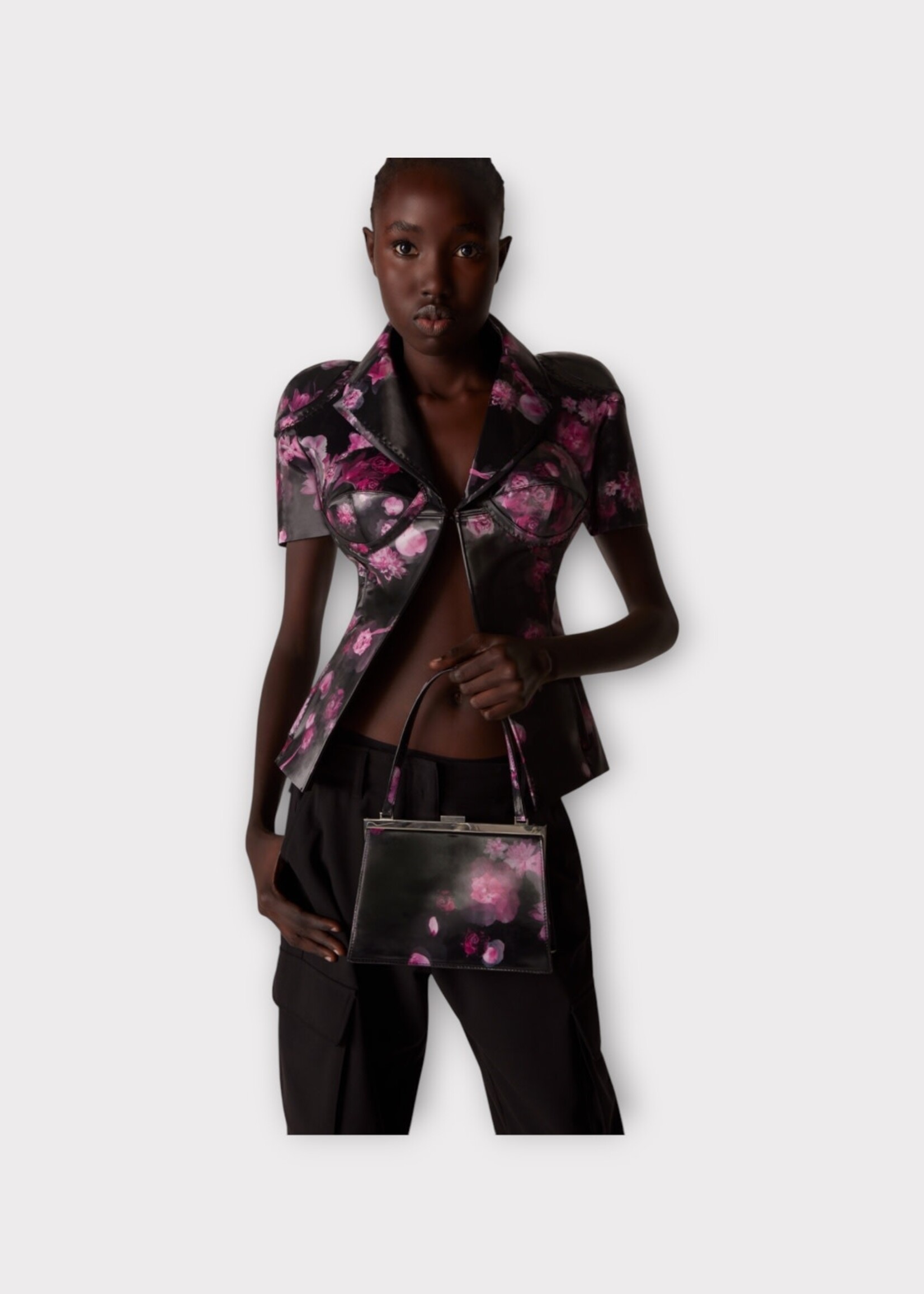 Coperni Coperni Bag, Multi, Holographic Top Handle Mini Lady Bag In Pink & Black w/ Flower Print