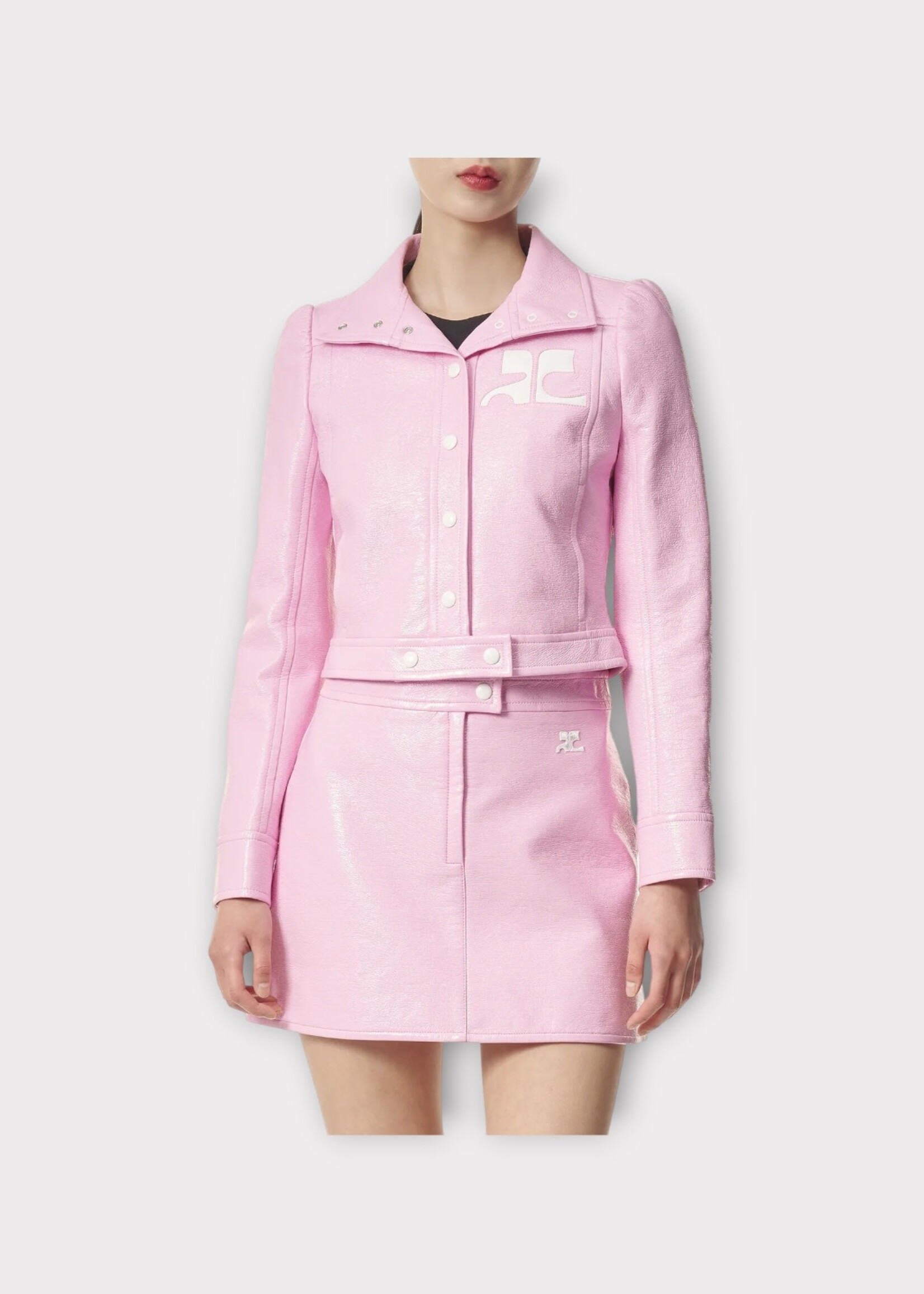 Courreges Courreges Jacket, Pink, Vinyl High Neck Cropped Reedition Iconic Jacket in Rose w/ Logo Patch