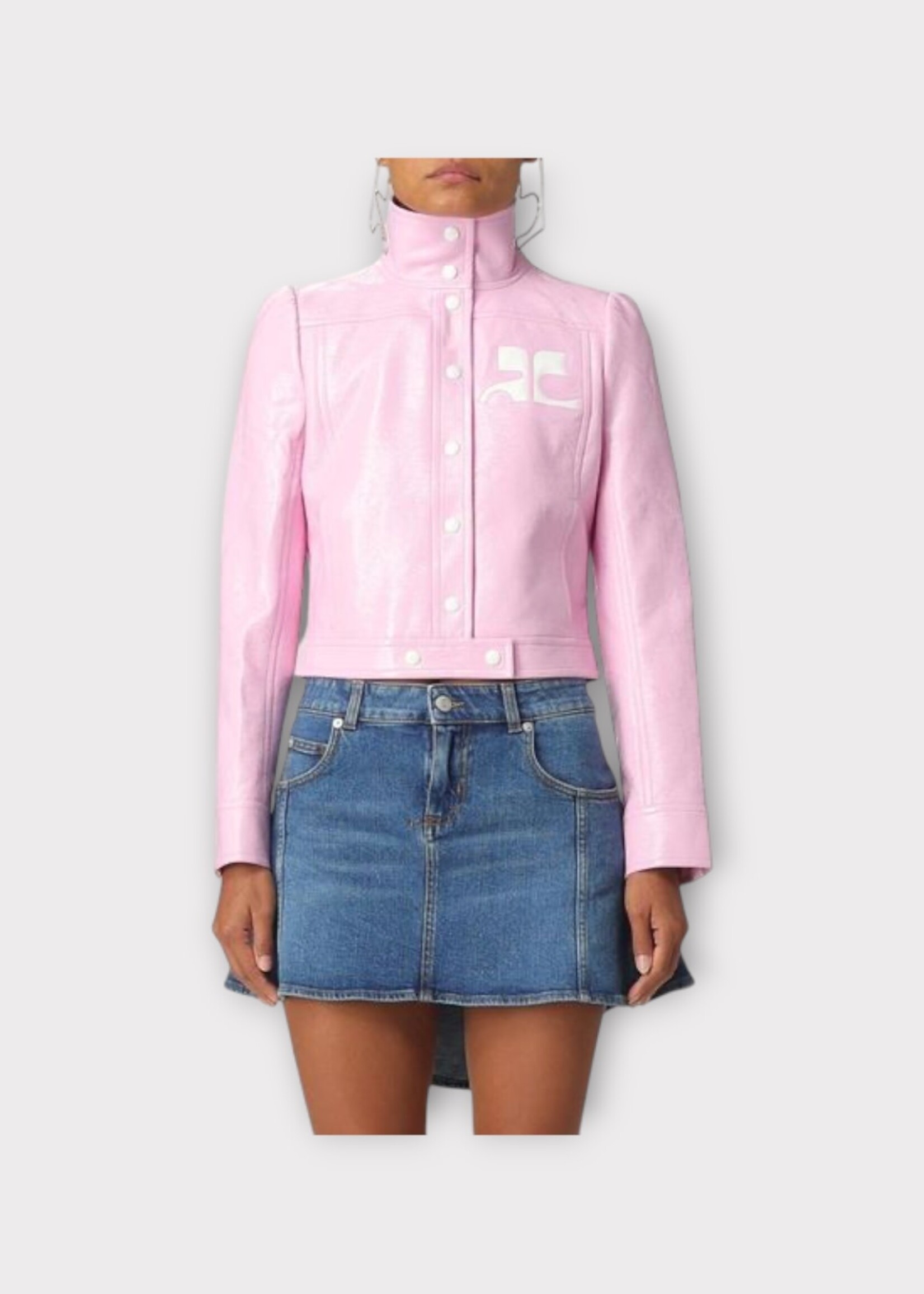 Courreges Courreges Jacket, Pink, Vinyl High Neck Cropped Reedition Iconic Jacket in Rose w/ Logo Patch