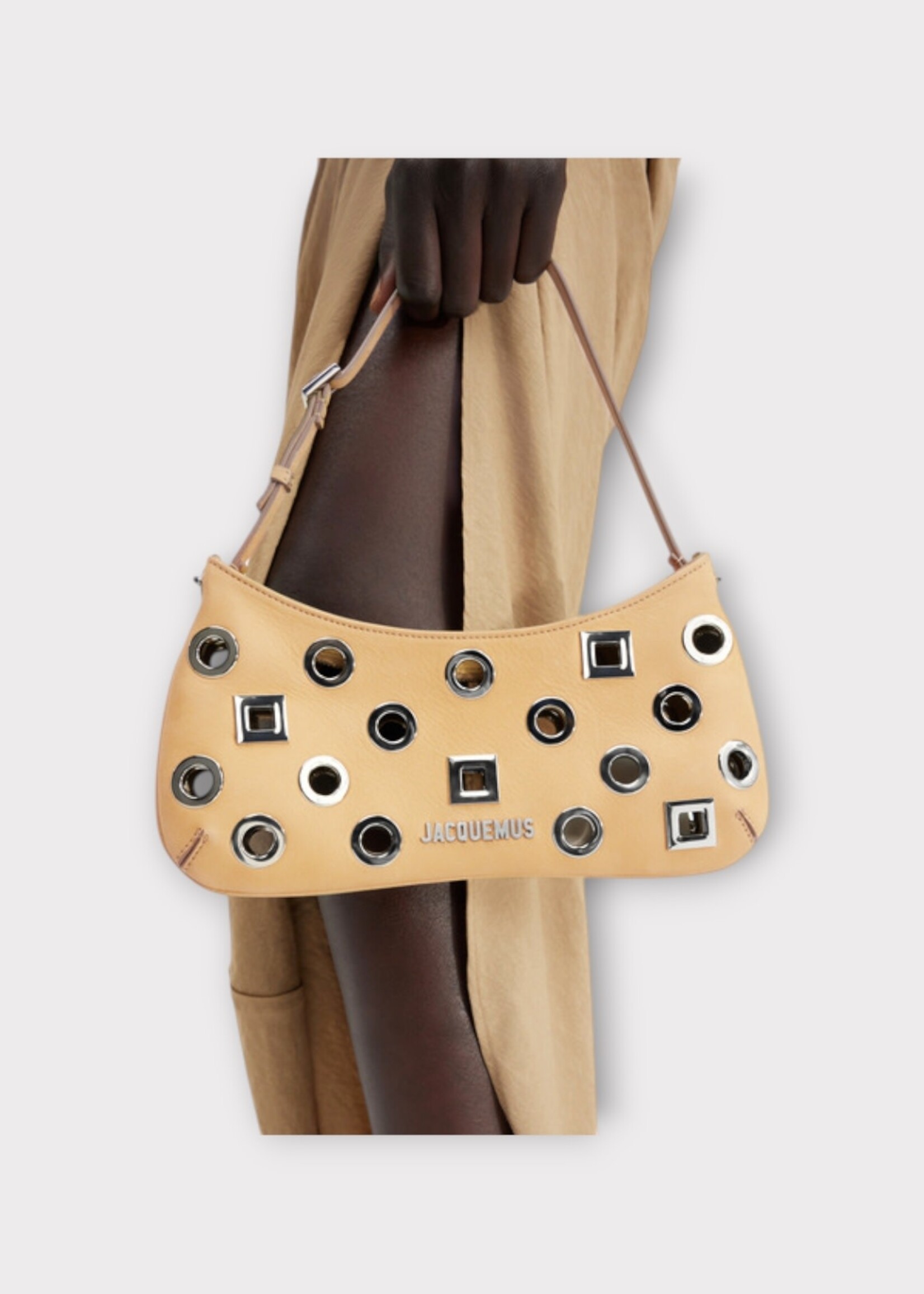 Jacquemus Jacquemus Bag, Beige, Le Bisou Rond Carre Leather Shoulder Bag In Dark Beige w/ Studs