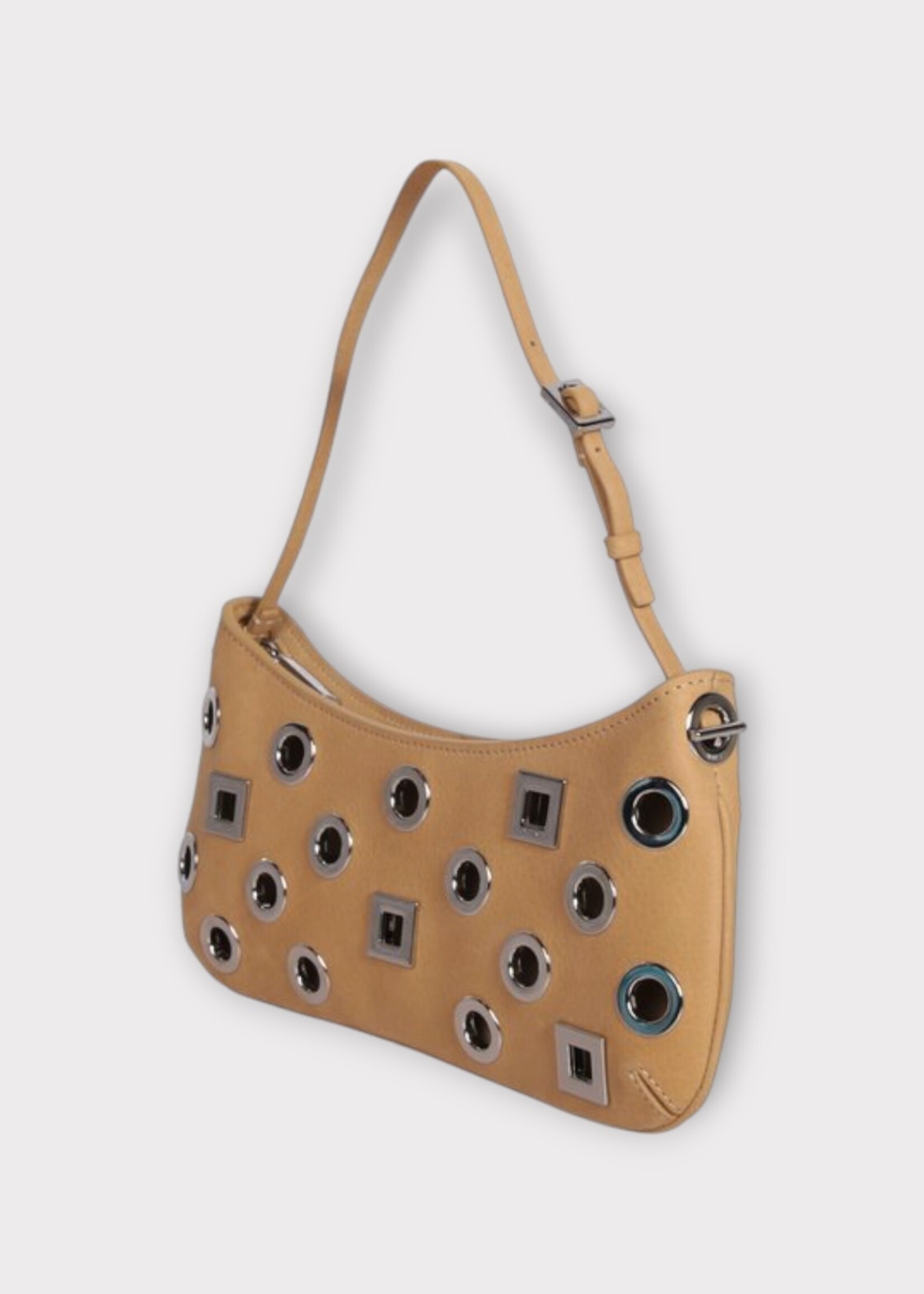Jacquemus Jacquemus Bag, Beige, Le Bisou Rond Carre Leather Shoulder Bag In Dark Beige w/ Studs