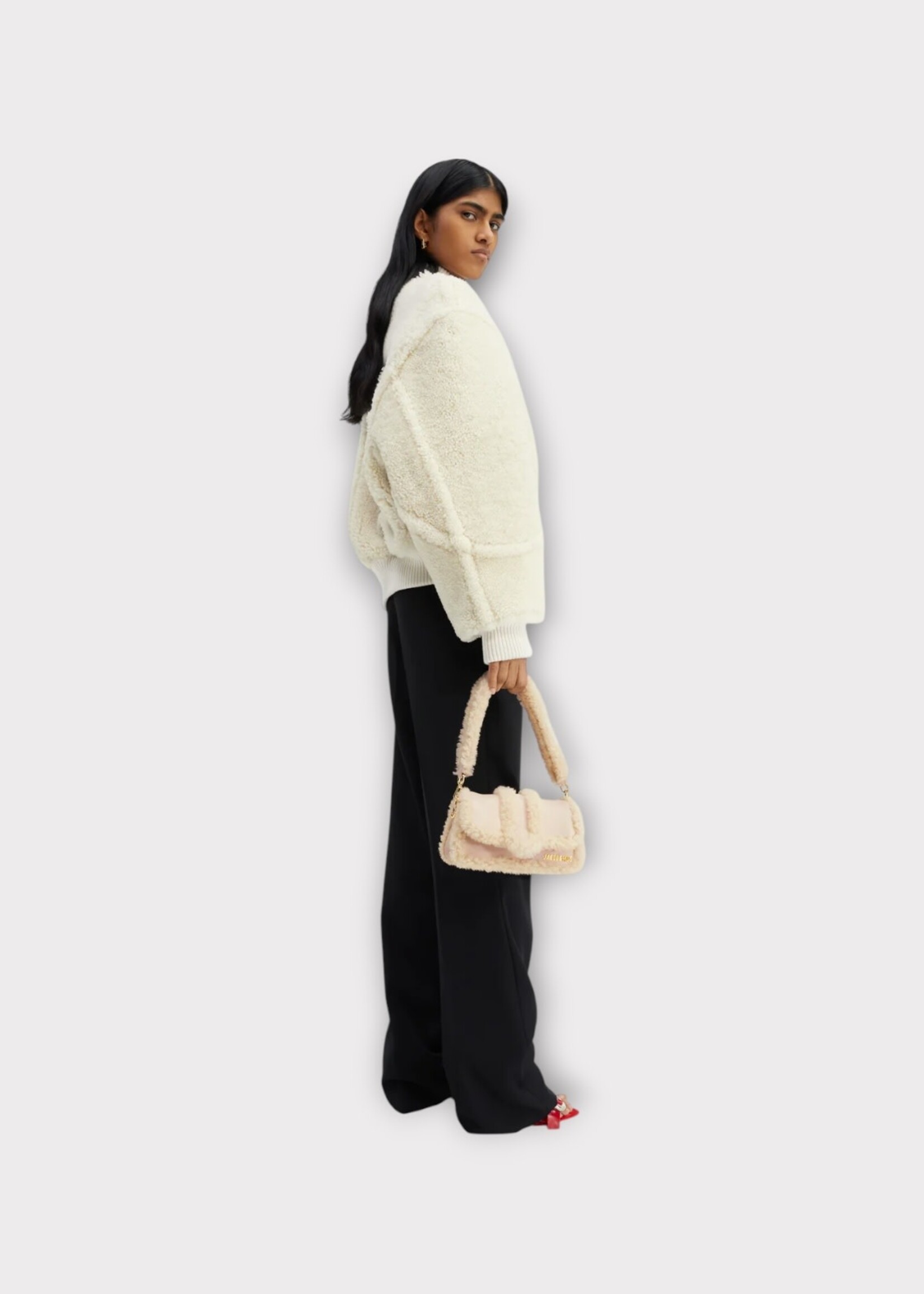 Jacquemus Jacquemus Bag, Beige, Le Petit Bambimou Doux Leather Top Handle Shoulder Bag In Light Beige w/ Shearling Details
