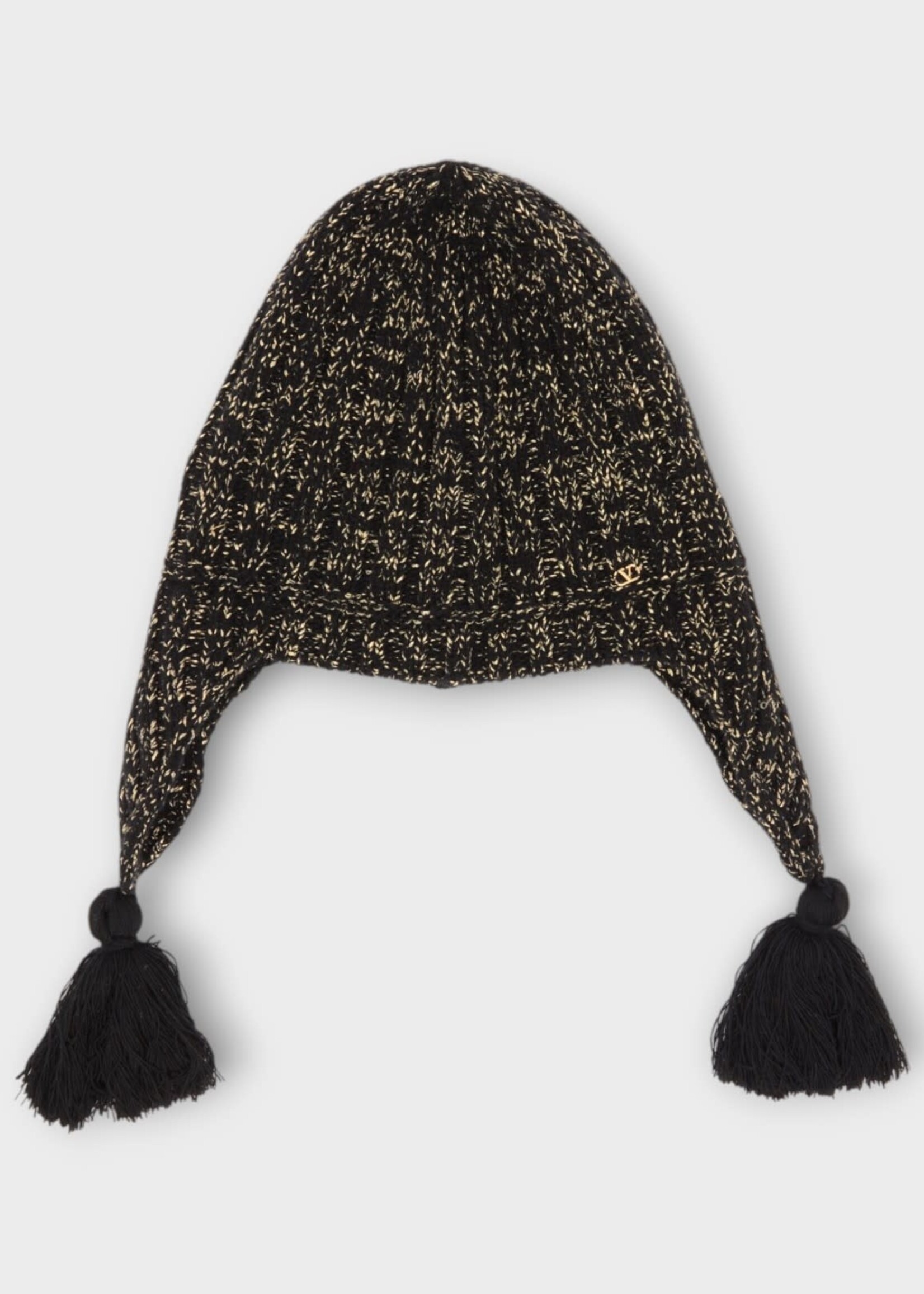Valentino Valentino Hat, Multi, Wool And Lurex Knitted Beanie In Nero & Gold w/ Pompoms