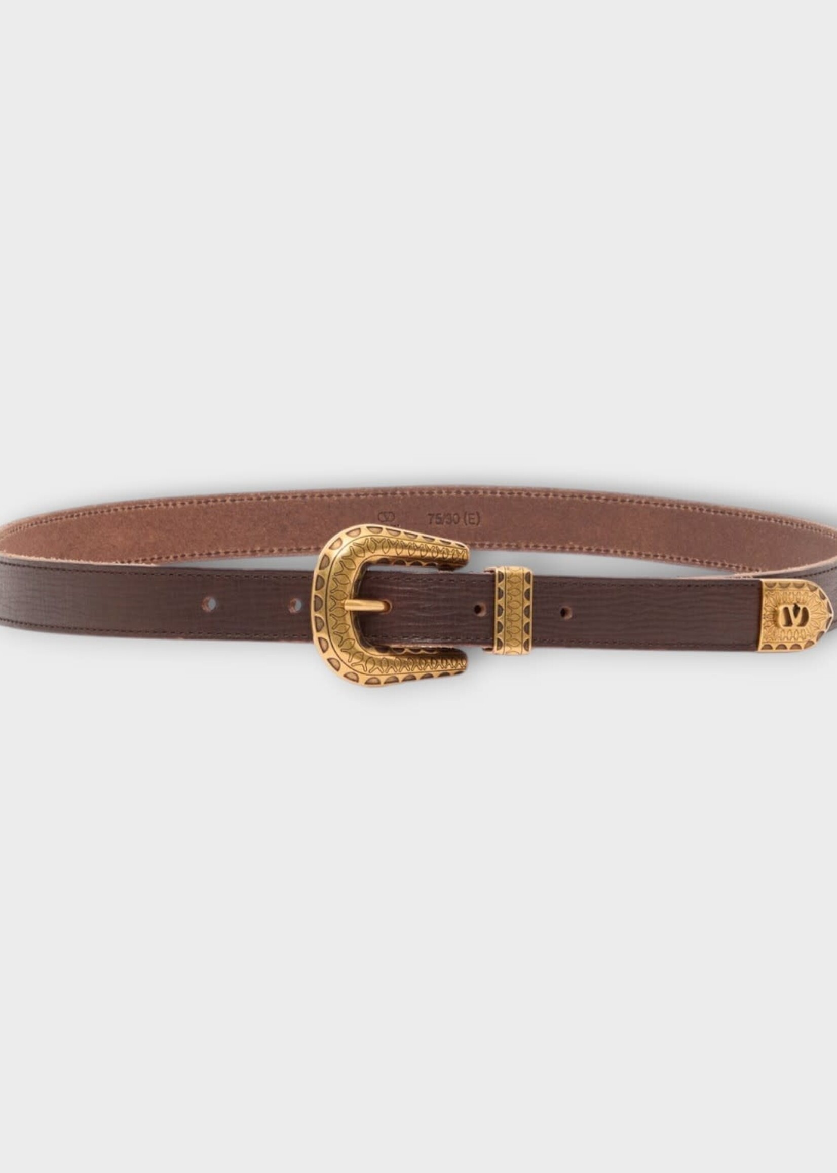 Valentino Valentino Belt, Brown, Calf Leather Belt In Chocolate w/Antique Gold Logo