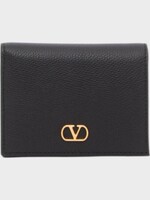 Valentino Valentino Wallet, Black, Soft Grain Calf Leather Flap Wallet In Nero w/ Vlogo Signature