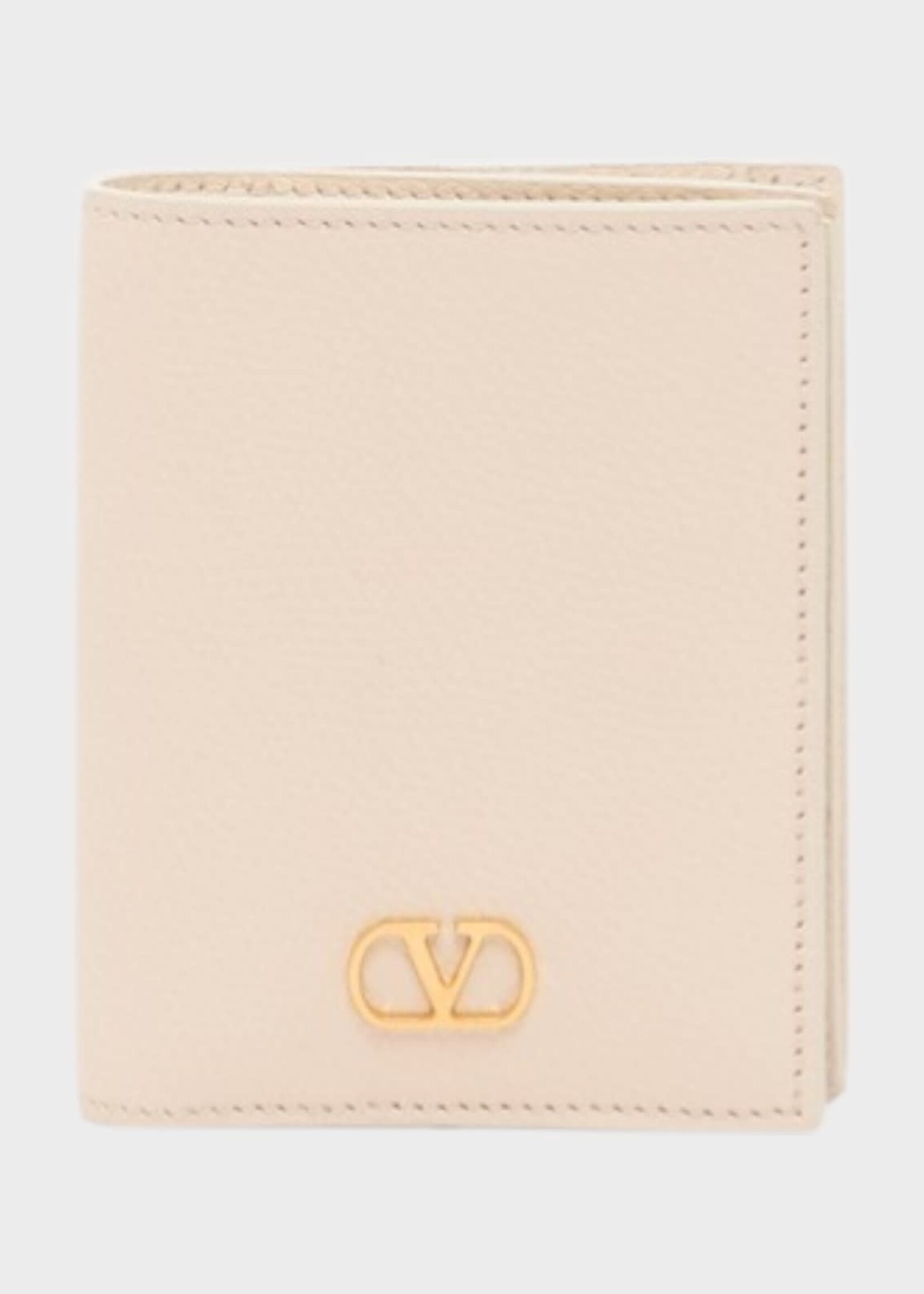 Valentino Valentino Wallet, White, Soft Grain Calf Leather Flap Wallet In Light Ivory w/ Vlogo Signature