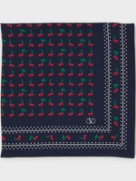 Valentino Valentino Scarf, Print, Silk 70x70 Foulard In Navy w/ Cherry Print