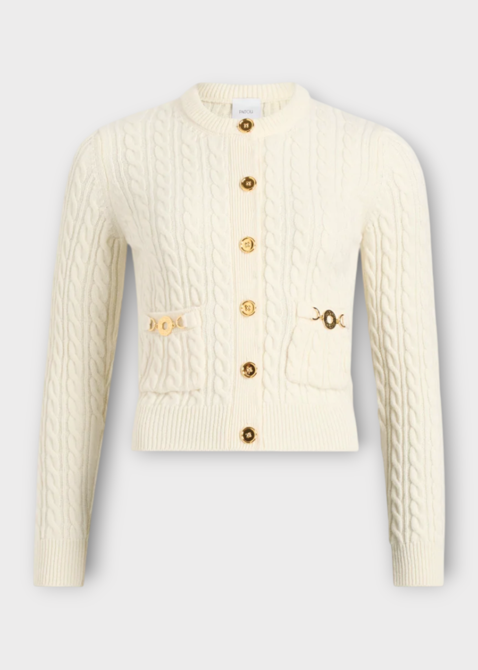 Patou Patou Knitwear, White, Cable Knitted Buttoned Cardigan In Snowberry White w/ Patch Pockets