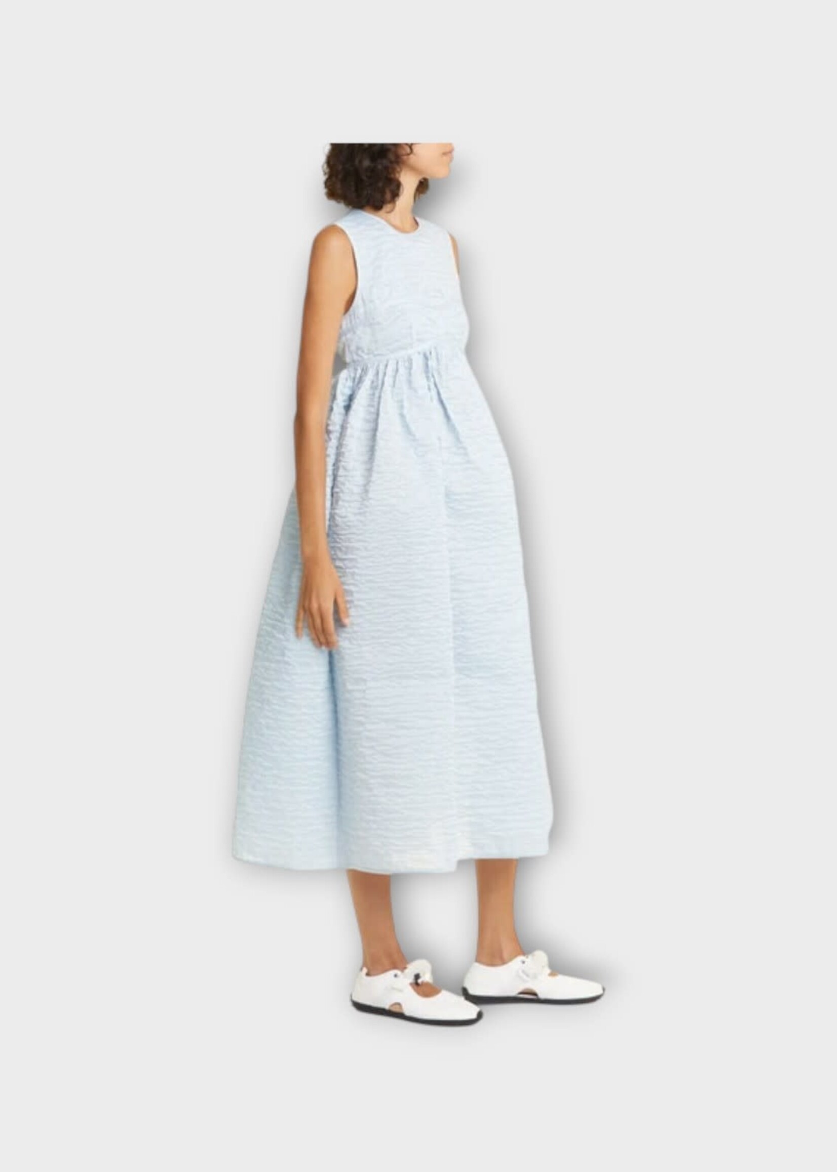 Cecilie Bahnsen Cecilie Bahnsen Dress, Blue, Soleil Crew Neck Sleeveless Midi Matelassé Dress in Mist Blue