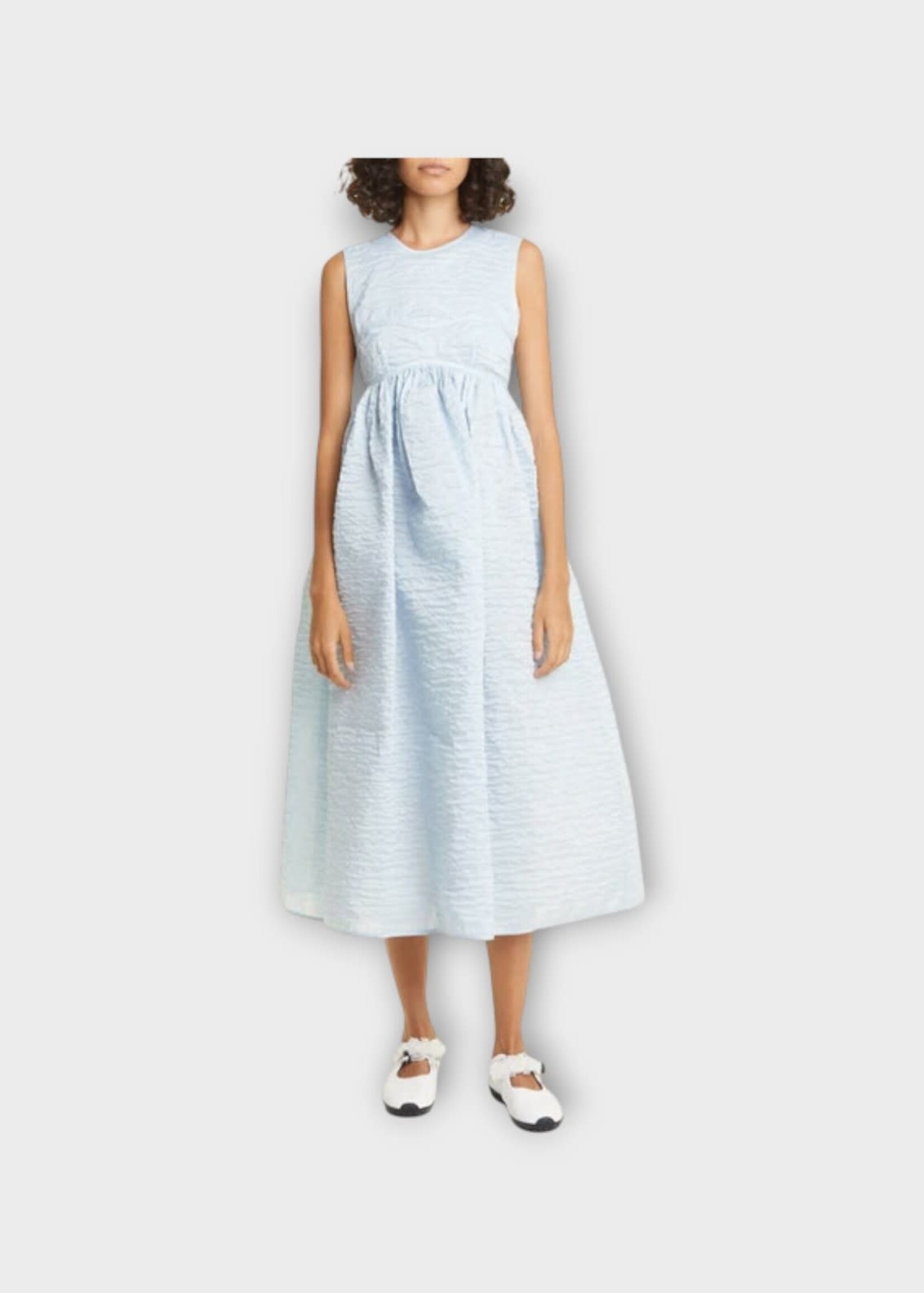 Cecilie Bahnsen Cecilie Bahnsen Dress, Blue, Soleil Crew Neck Sleeveless Midi Matelassé Dress in Mist Blue
