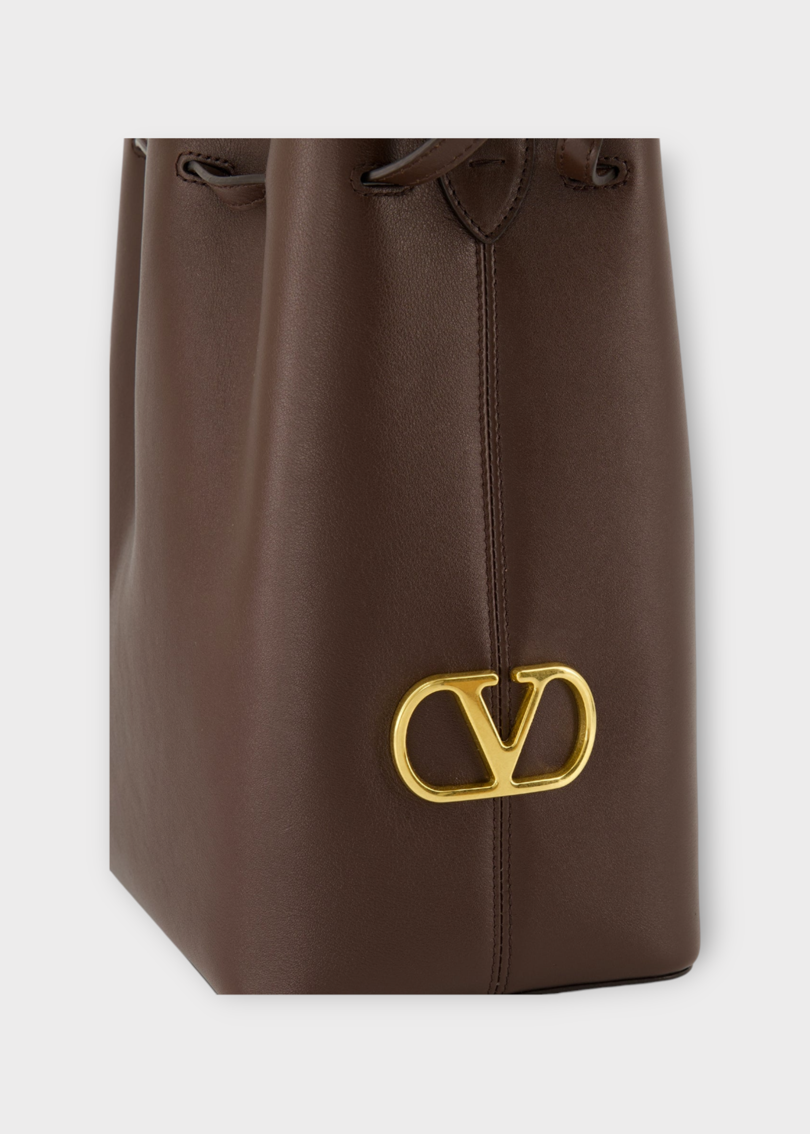Valentino Valentino Bag, Brown, Calf Leather Drawstring Shoulder Bag In Dark Coffee w/ Brass Logo