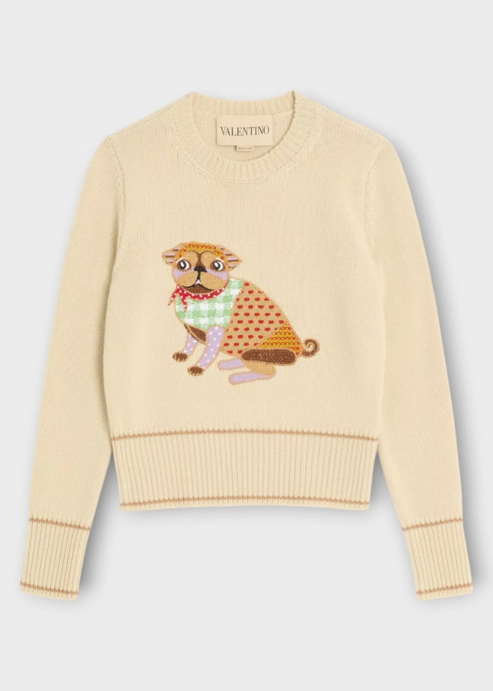 Valentino Valentino Knitwear, Multi, Wool Crew Neck In Betulla & Multicolour w/ Le Chien De La Maison Embroidery