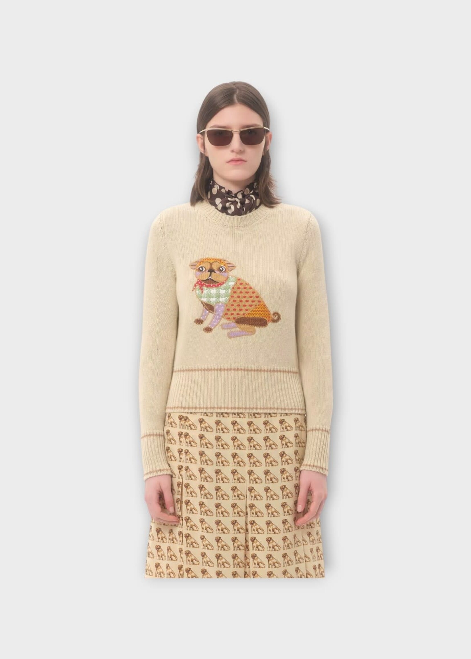 Valentino Valentino Knitwear, Multi, Wool Crew Neck In Betulla & Multicolour w/ Le Chien De La Maison Embroidery