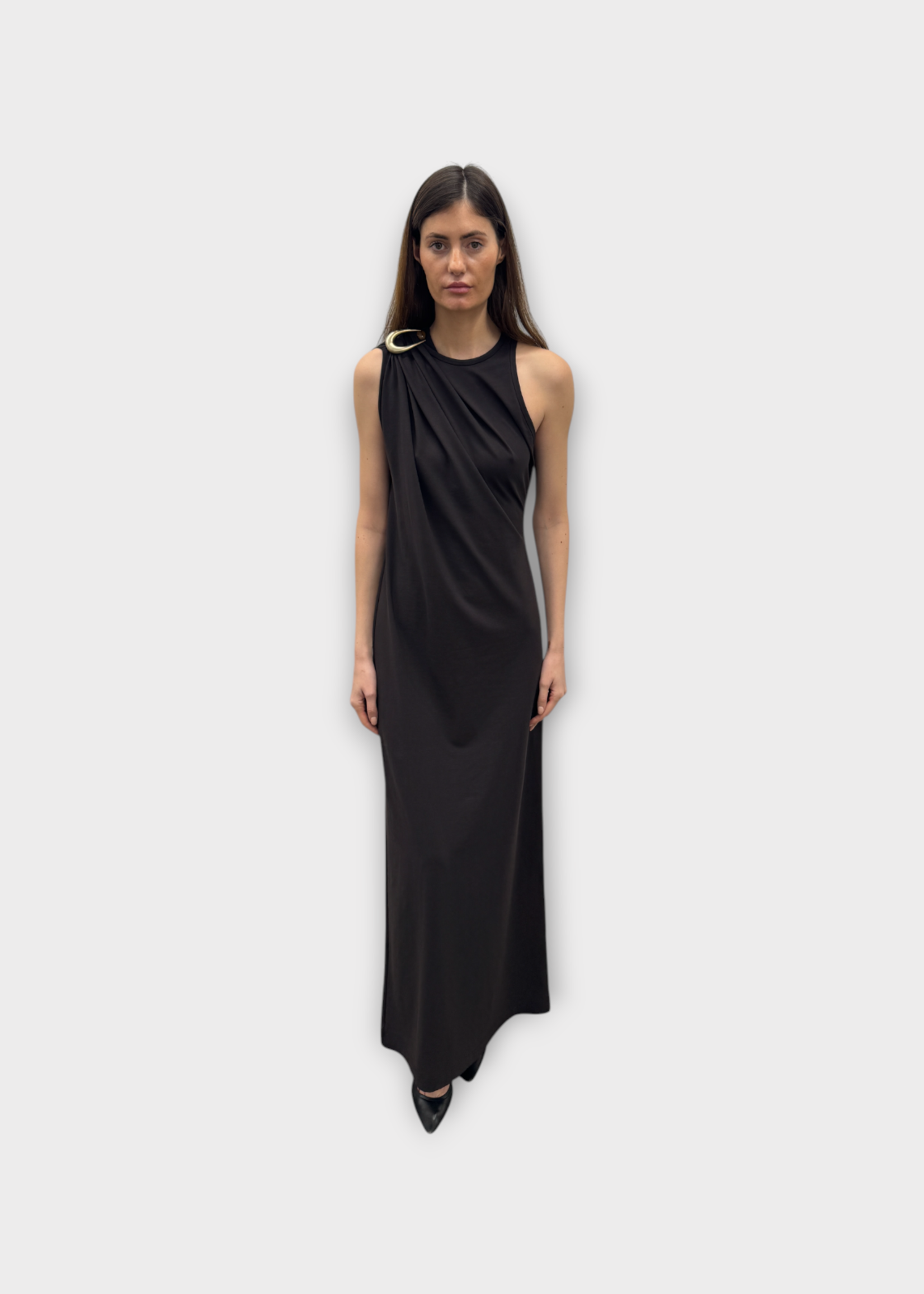 Christopher Esber Christopher Esber Dress, Brown, High Twist Jersey Stone Pin Column Tee Dress In Espresso