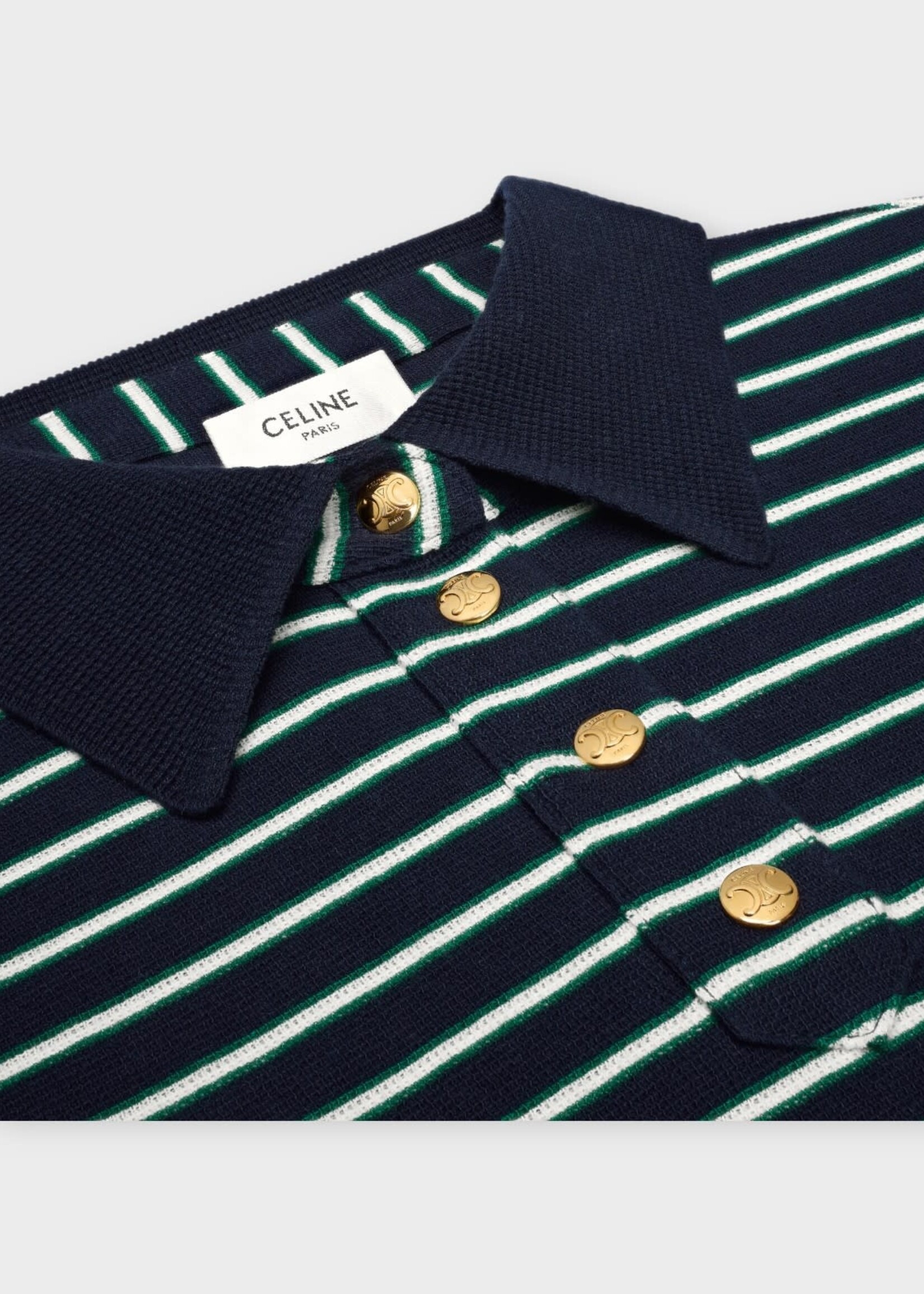Celine Celine Knitwear, Multi, Cotton Collared Long Sleeve Striped Knit Polo In Green, Navy & Off White