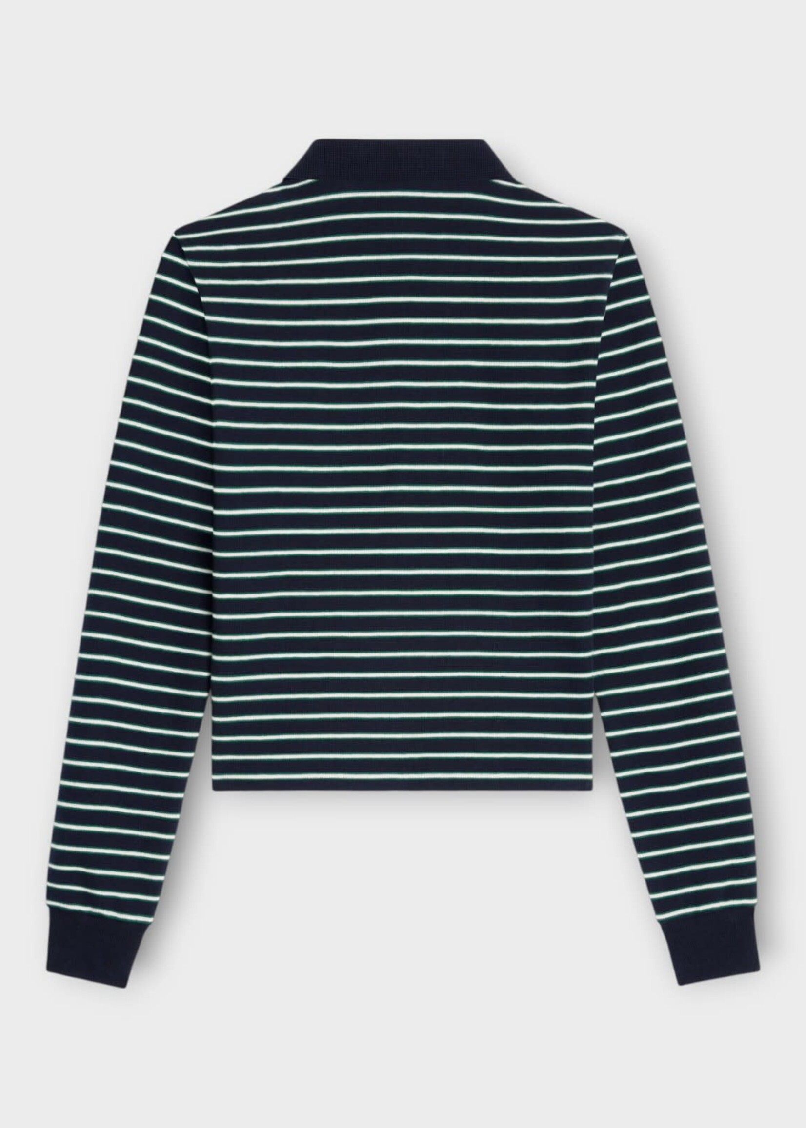 Celine Celine Knitwear, Multi, Cotton Collared Long Sleeve Striped Knit Polo In Green, Navy & Off White