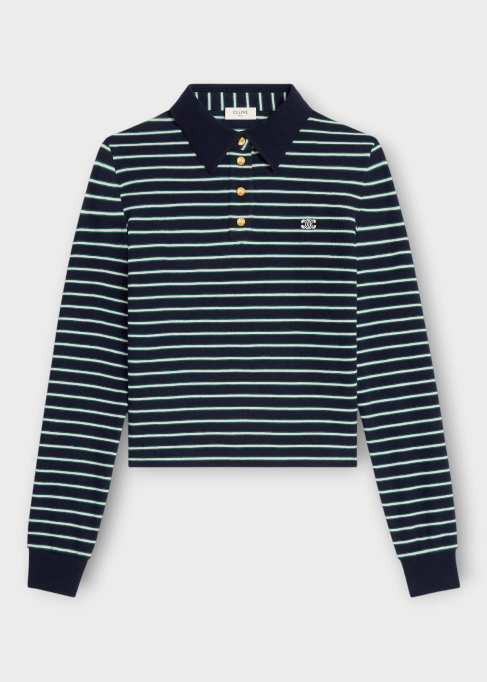 Celine Celine Knitwear, Multi, Cotton Collared Long Sleeve Striped Knit Polo In Green, Navy & Off White