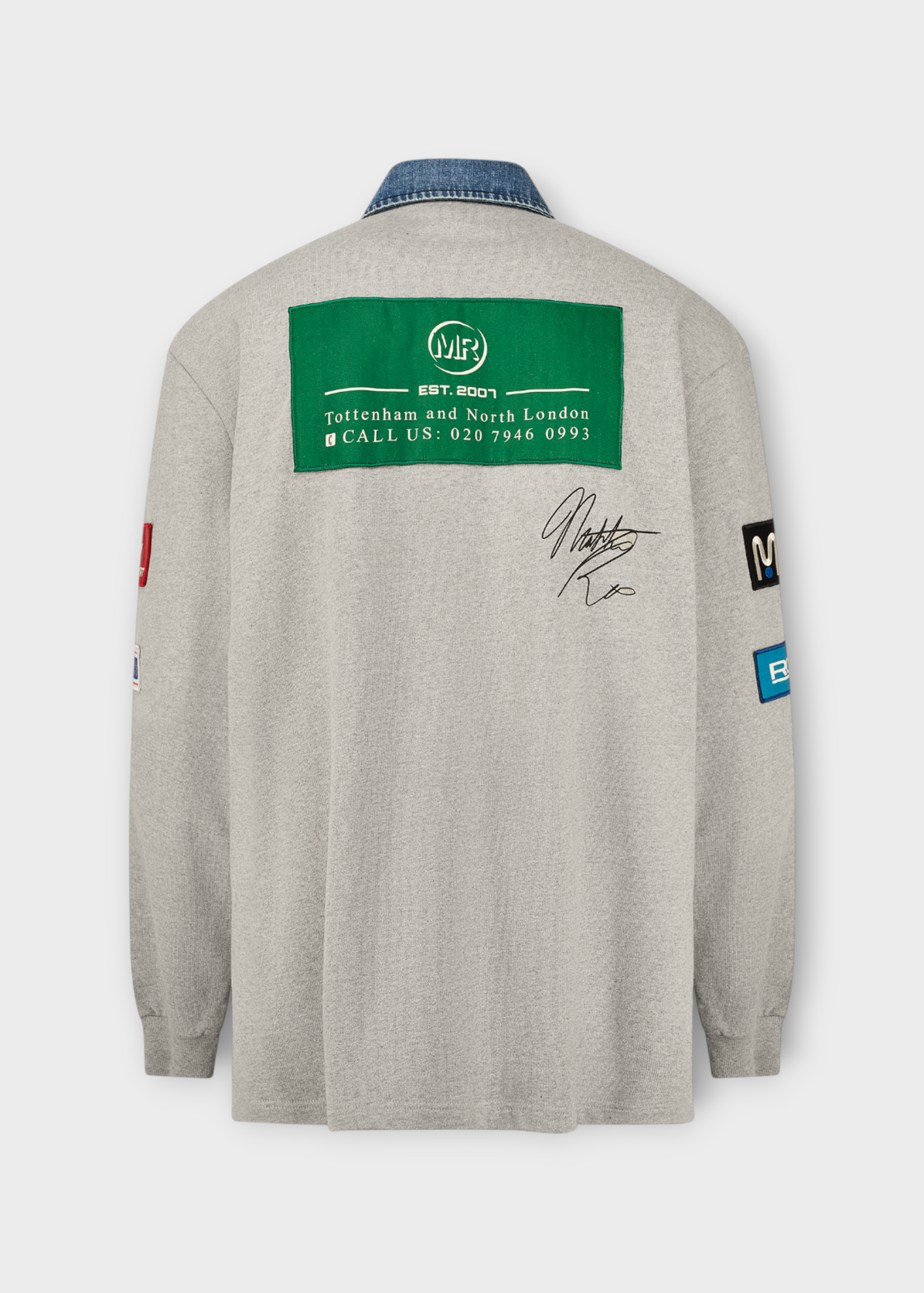 Martine Rose Martine Rose Polo, Grey, Cotton Rugby Polo In Grey w/ Denim Collar & Patches