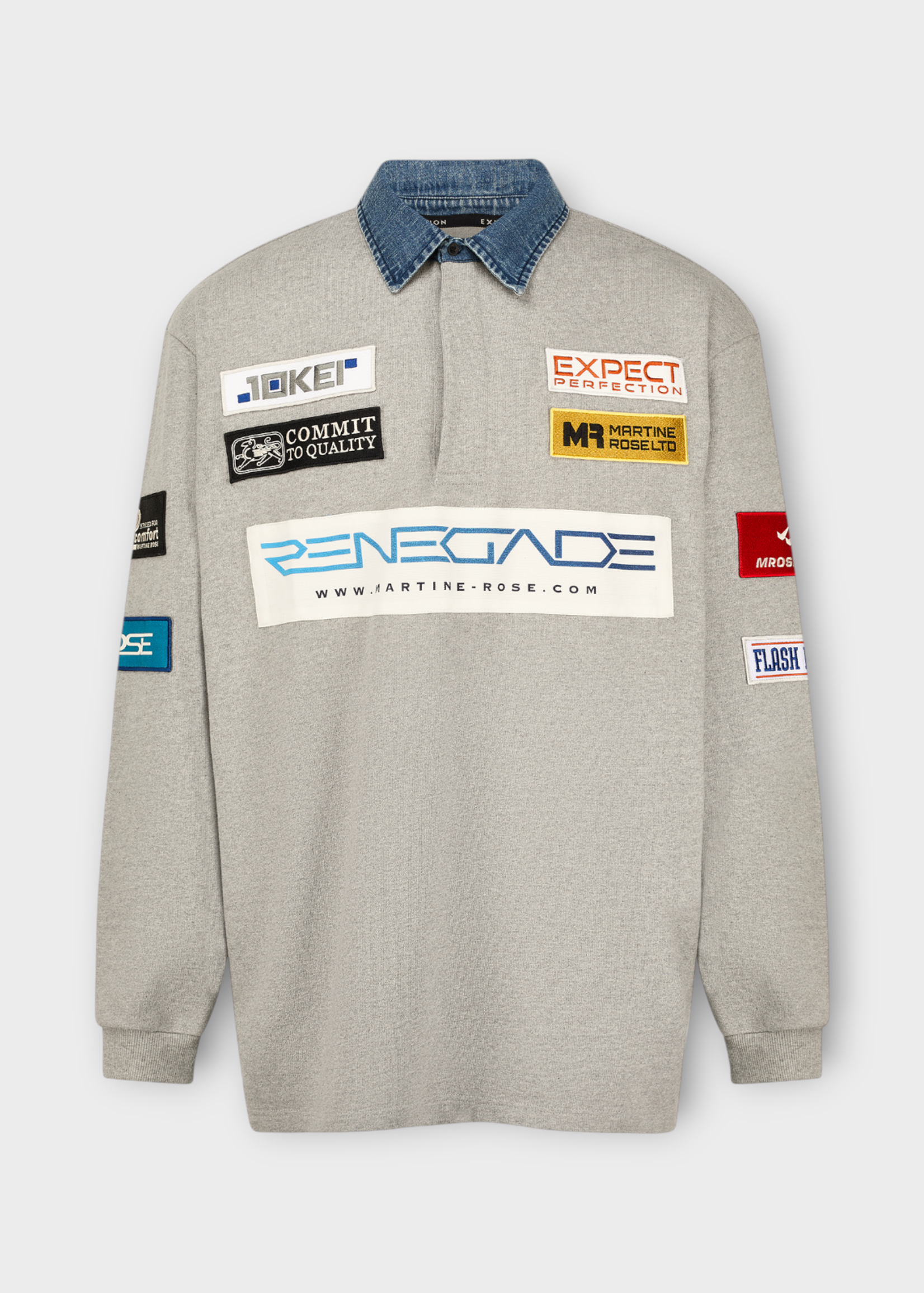 Martine Rose Martine Rose Polo, Grey, Cotton Rugby Polo In Grey w/ Denim Collar & Patches