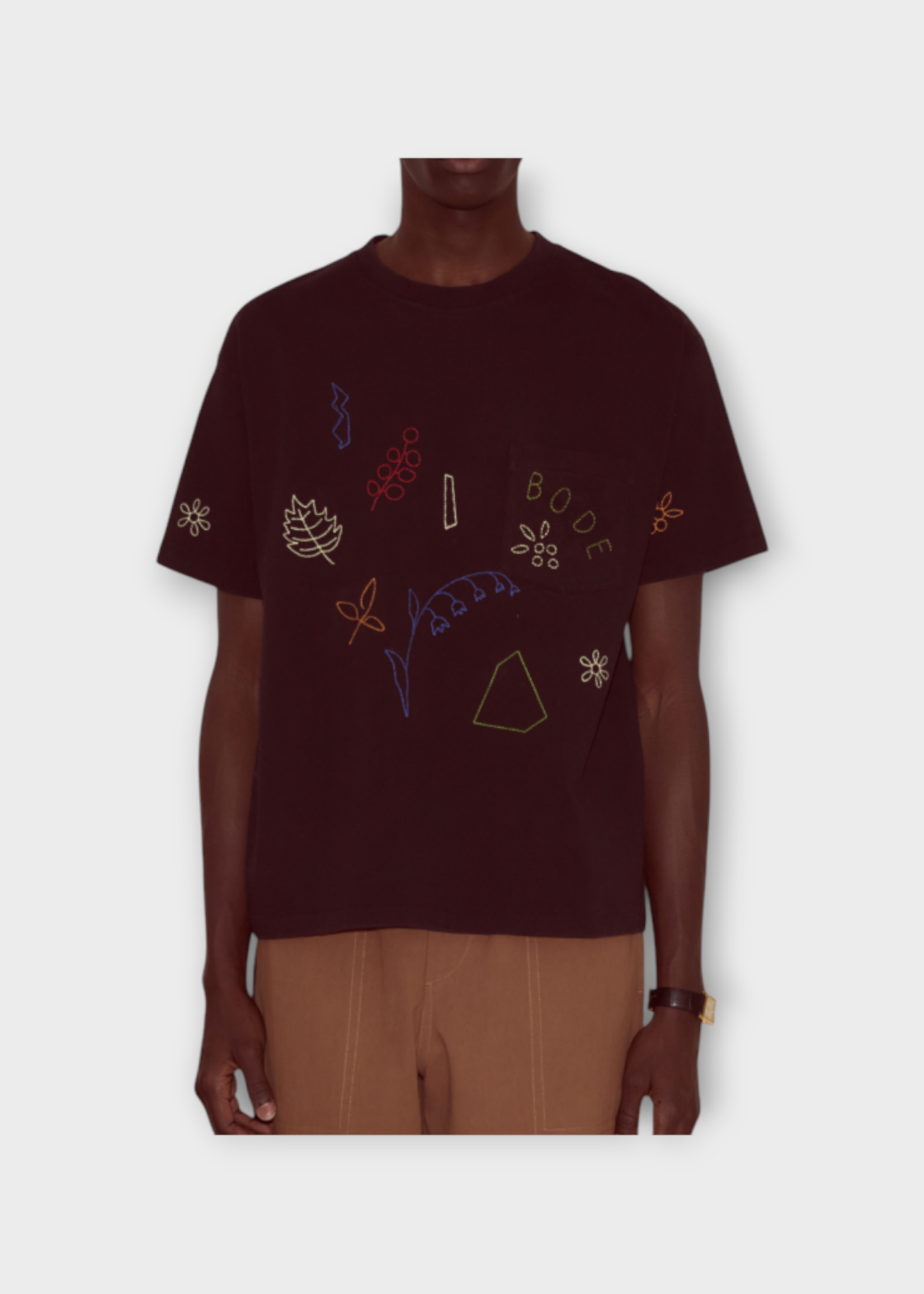 Bode Bode T-Shirt, Black, Cotton Crew Neck Short Sleeve Embroidered Field Guide Tee
