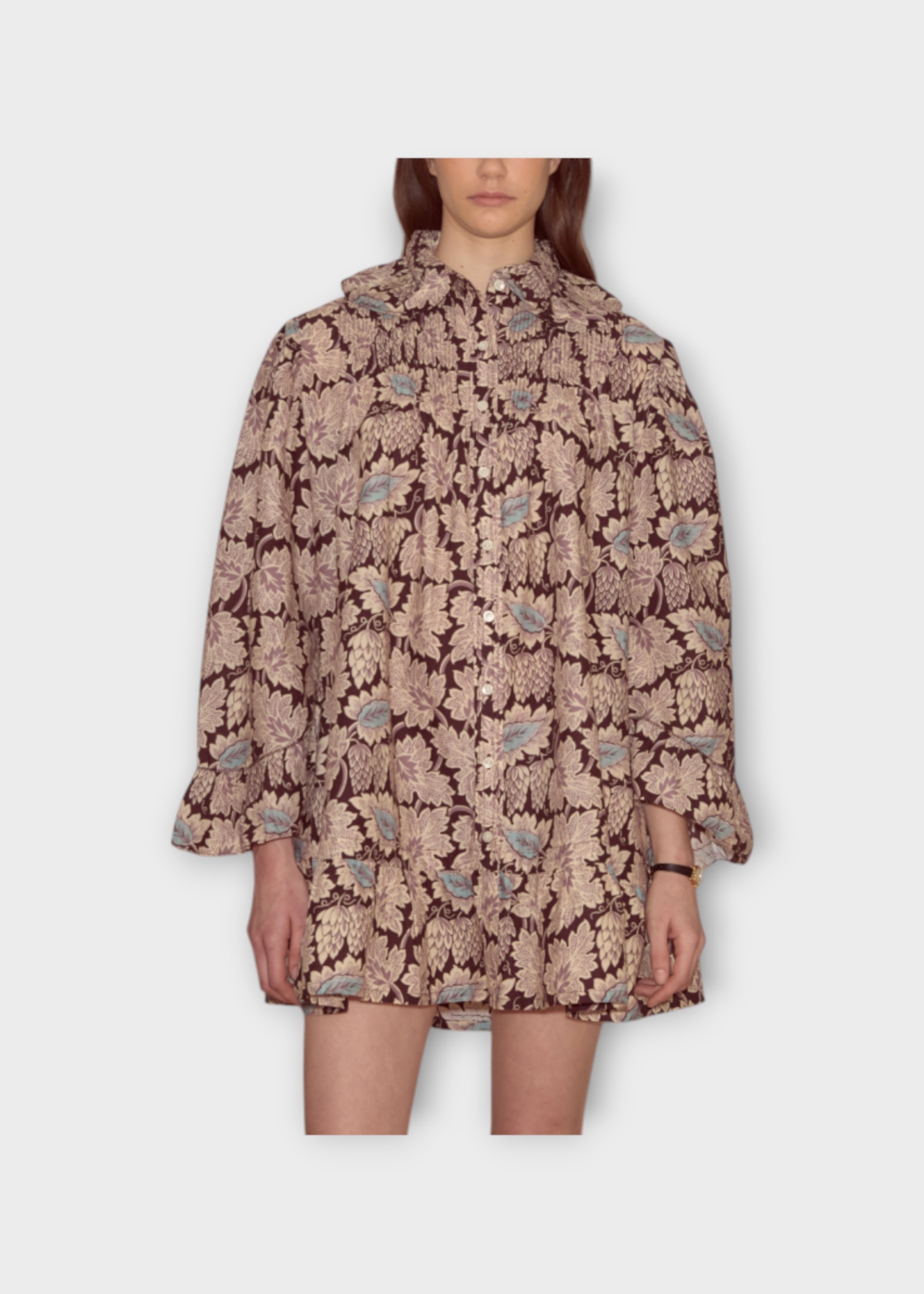 Bode Bode Dress, Print, Cotton & Silk Collared Long Sleeve Button Up Wisteria Dress In Mauve