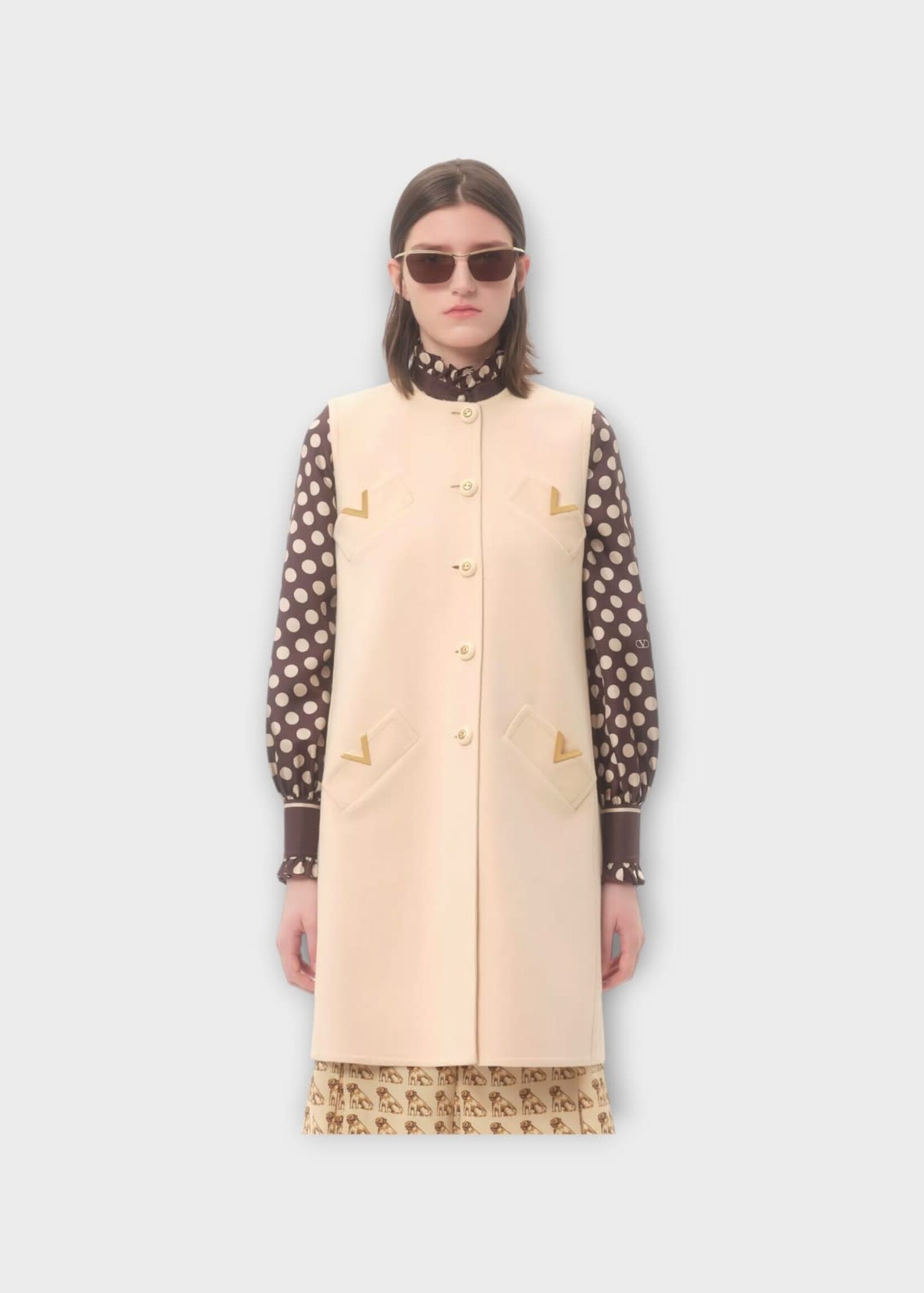 Valentino Valentino Jacket, Beige, Crew Neck Buttoned Solid Compact Drap Gilet In Birch