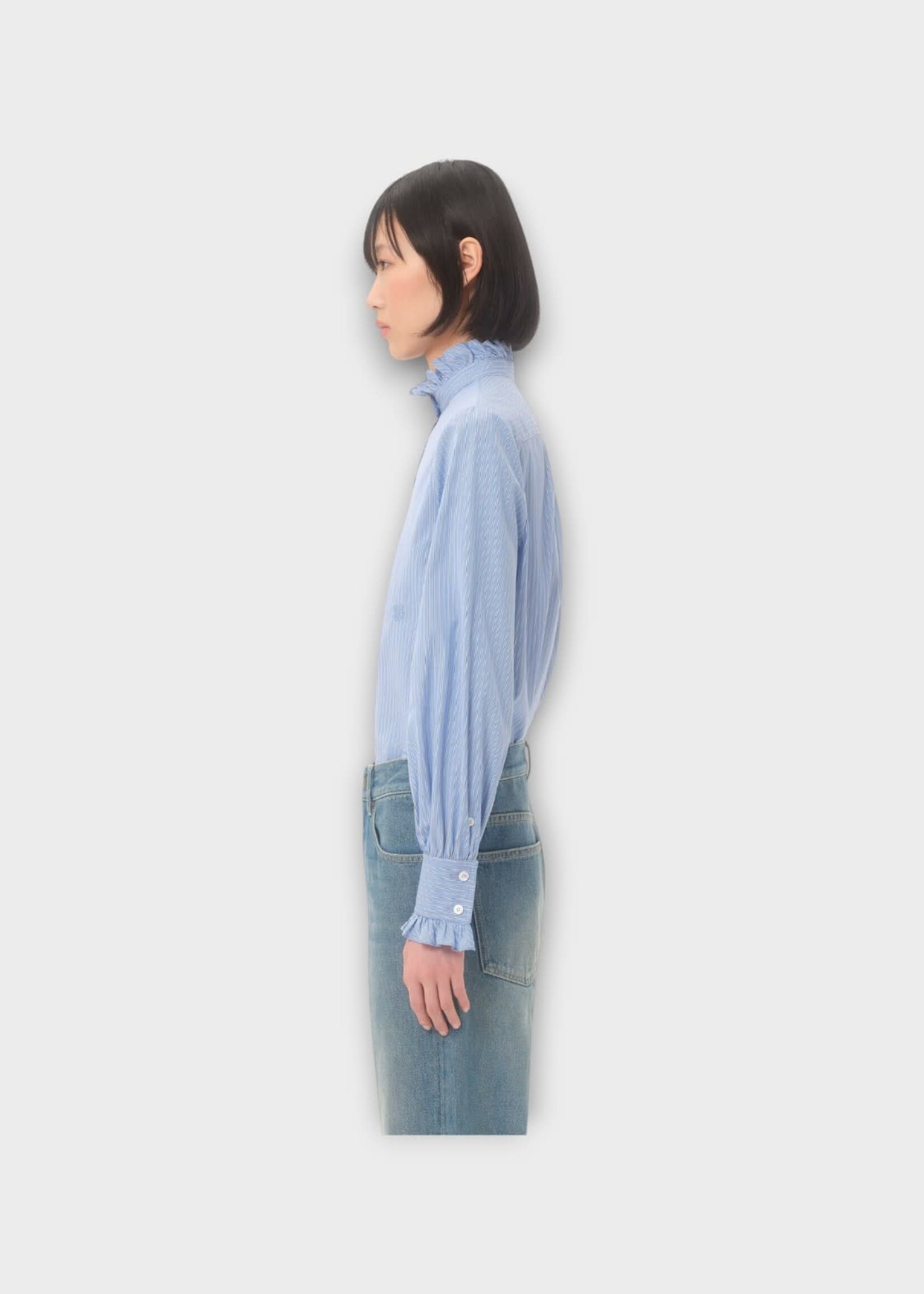Valentino Valentino Shirt, Multi, Cotton Solid Classic Ruffled Striped Shirt In Iris Lilac & White