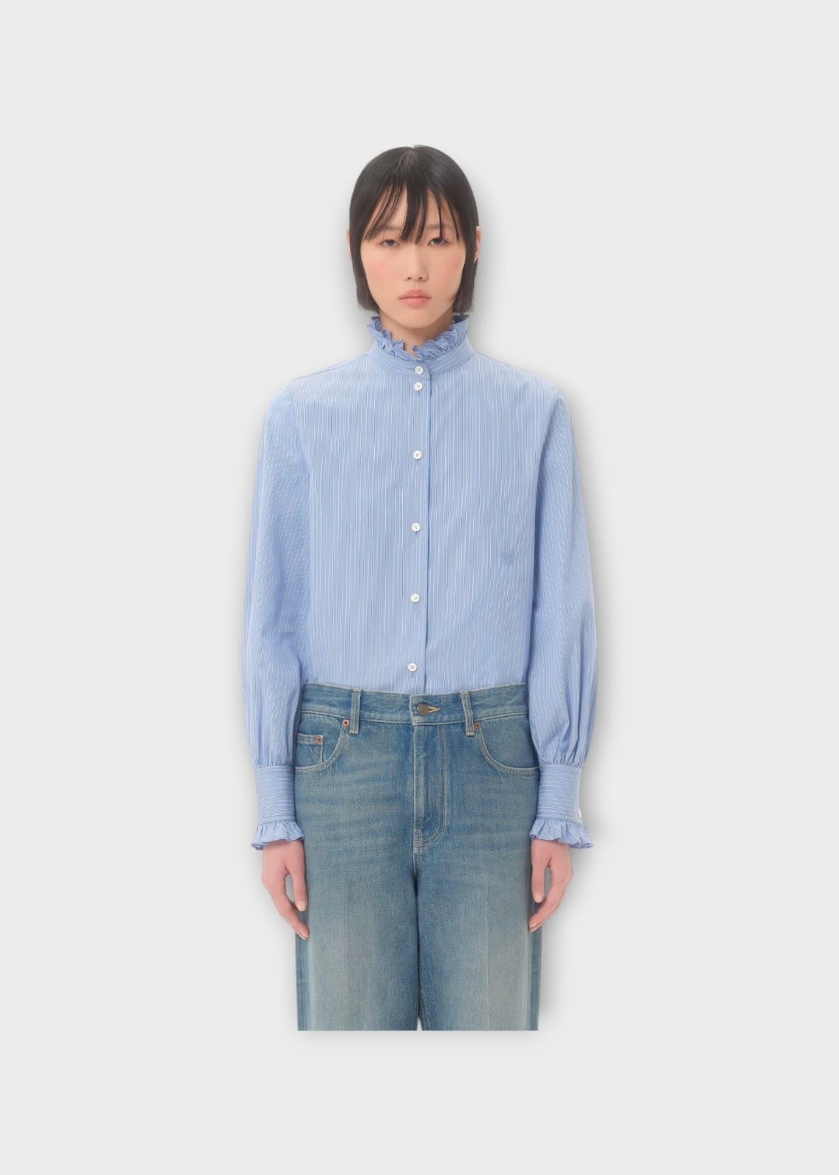 Valentino Valentino Shirt, Multi, Cotton Solid Classic Ruffled Striped Shirt In Iris Lilac & White