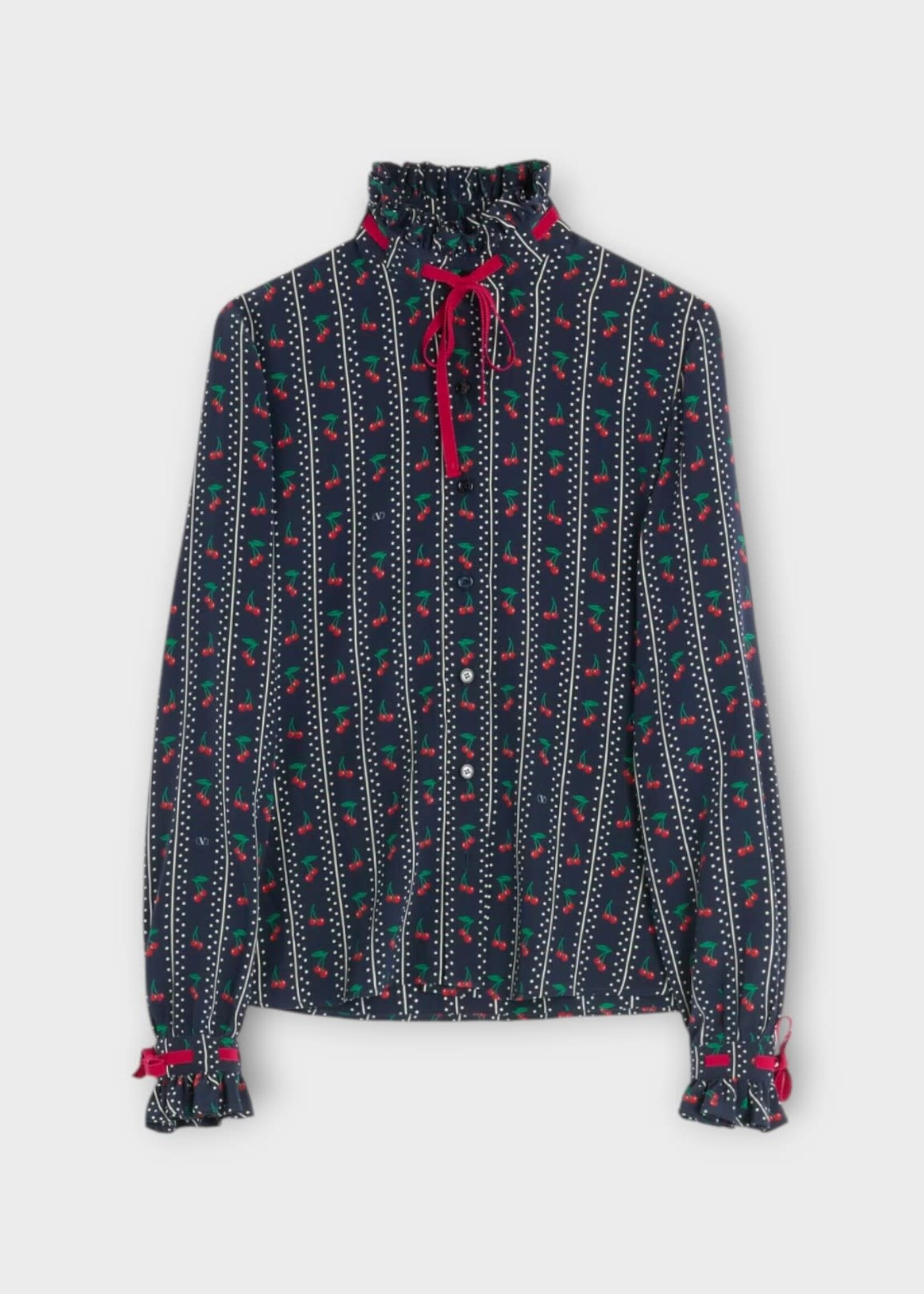 Valentino Valentino Shirt, Print, Silk High Neck Ruffled Shirt In Navy w/ Cherry Print & Velvet Bow Detail