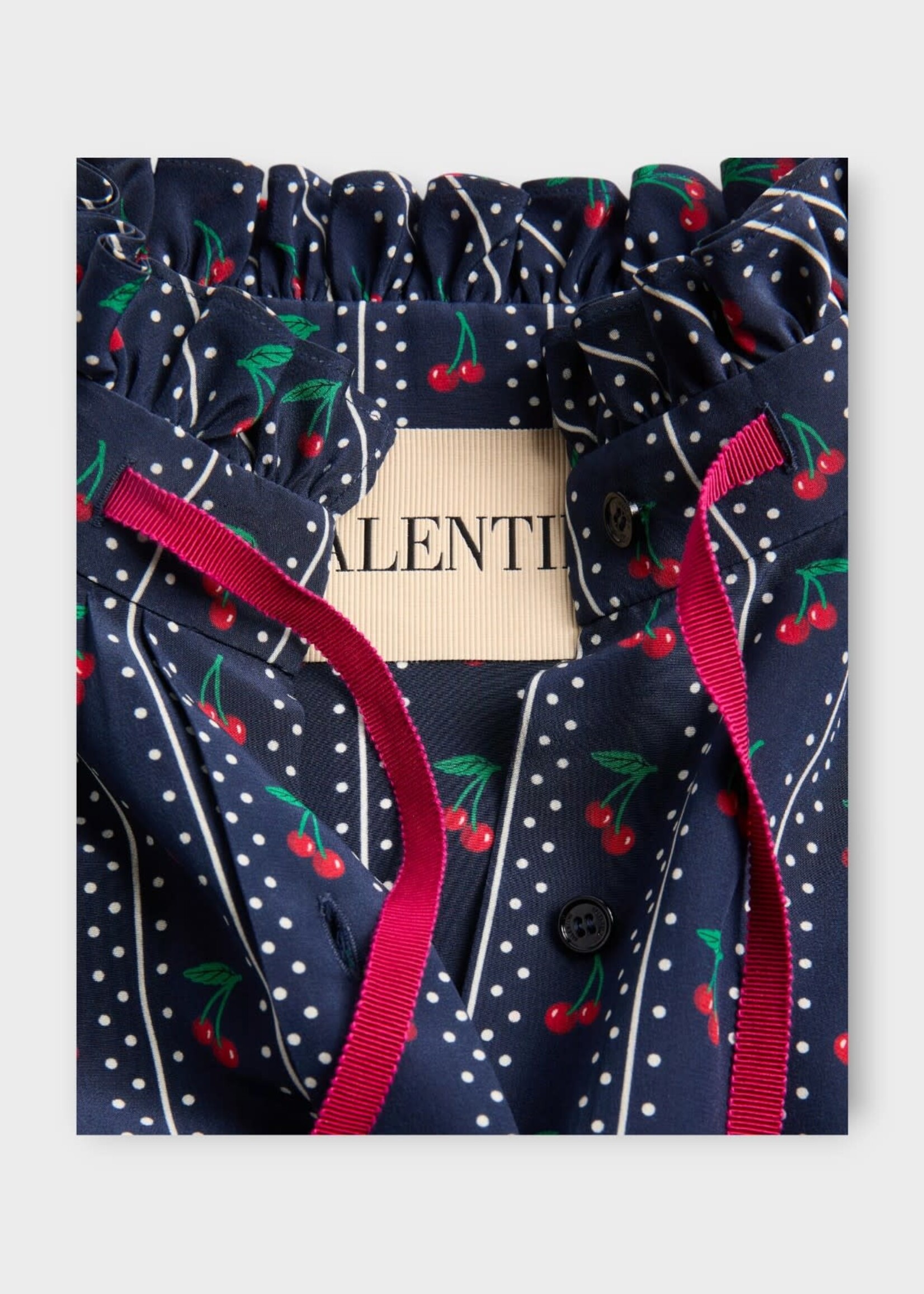 Valentino Valentino Shirt, Print, Silk High Neck Ruffled Shirt In Navy w/ Cherry Print & Velvet Bow Detail