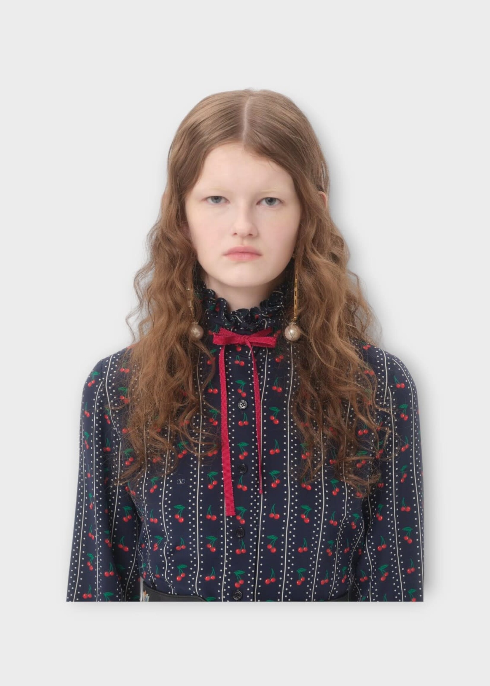 Valentino Valentino Shirt, Print, Silk High Neck Ruffled Shirt In Navy w/ Cherry Print & Velvet Bow Detail